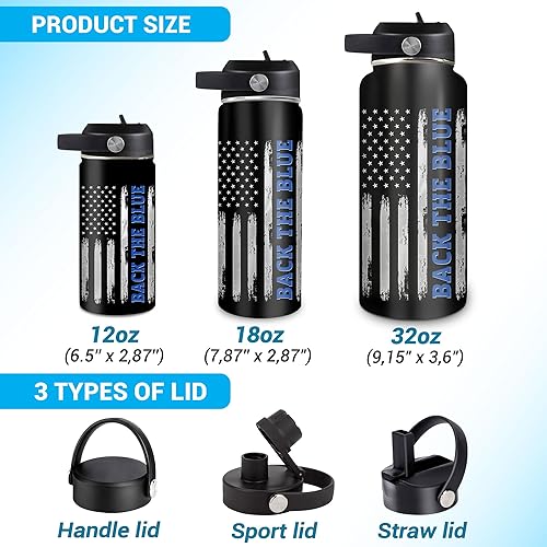 Vista 15 de Hyturtle Botella de agua personalizada de policía, botella de acero inoxidable aislada de 18 onzas, 32 onzas, bandera de línea azul fina, regalo