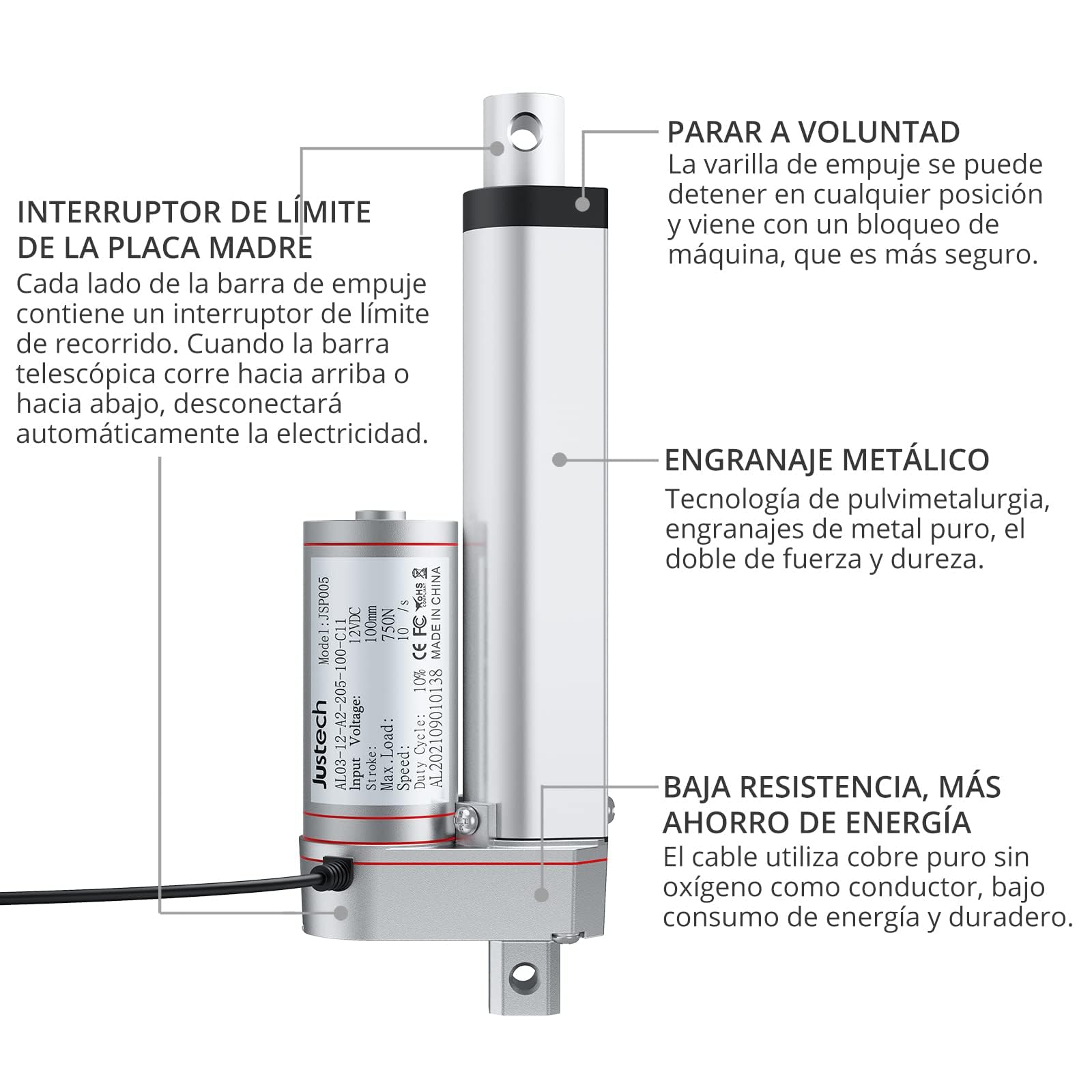 Justech DC 12V Actuador Lineal Motor 750N 100mm Para Auto RV Abridor Eléctrico de Puerta Construcción de Maquinaria Agrícola Industrial Vehículo de Barrido Limpios Buques de Carga y Otras Aplicaciones