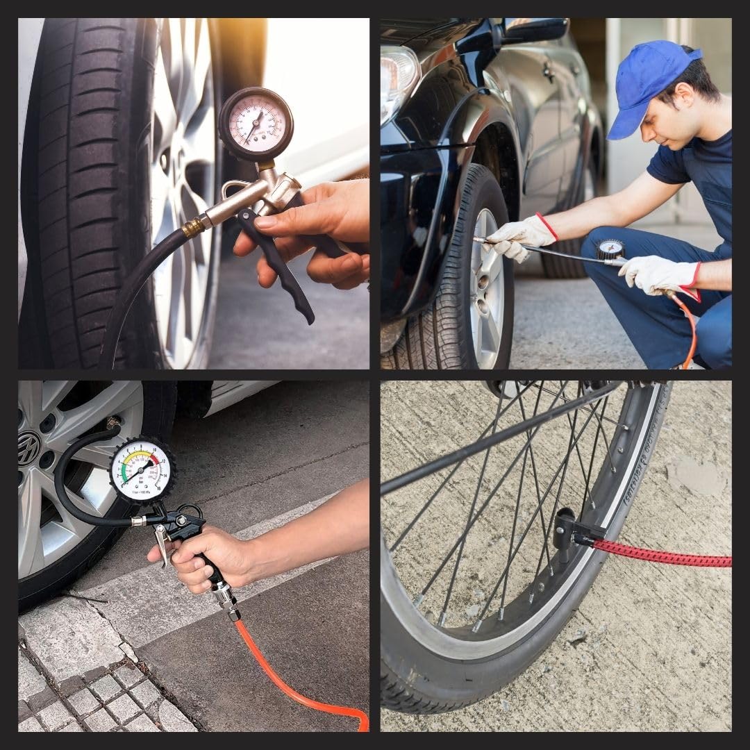 A.M.C. Pistola Gonfiaggio Pneumatici Professionale con Manometro Pressione tra 0-220 Psi e 0-16 Bar per Pressione Gomme di Auto Moto Camion e Biciclette