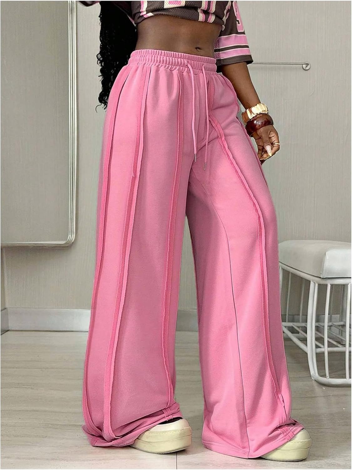 SHENHE Women's Drawstring Waist Sweatpants Wide Leg Y2k Baggy Pants Seam Detail Trousers - Image 2