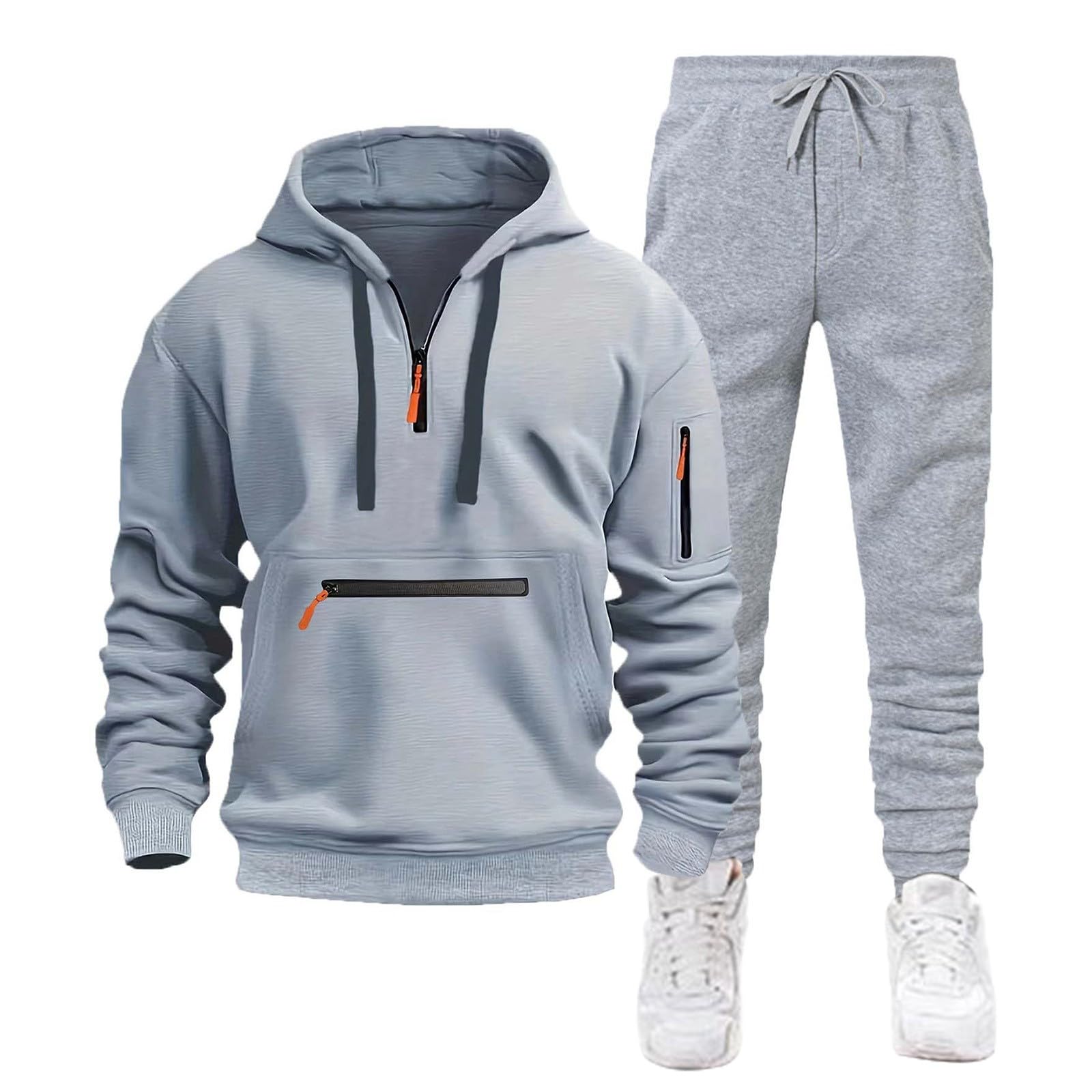 Męski zestaw dresowy, bluza z kapturem i joggery, 2-częściowy polar z zamkiem do połowy, dla mężczyzn, miękka bawełniana bluza z kapturem i spodnie, swobodny strój sportowy na siłownię, do biegania