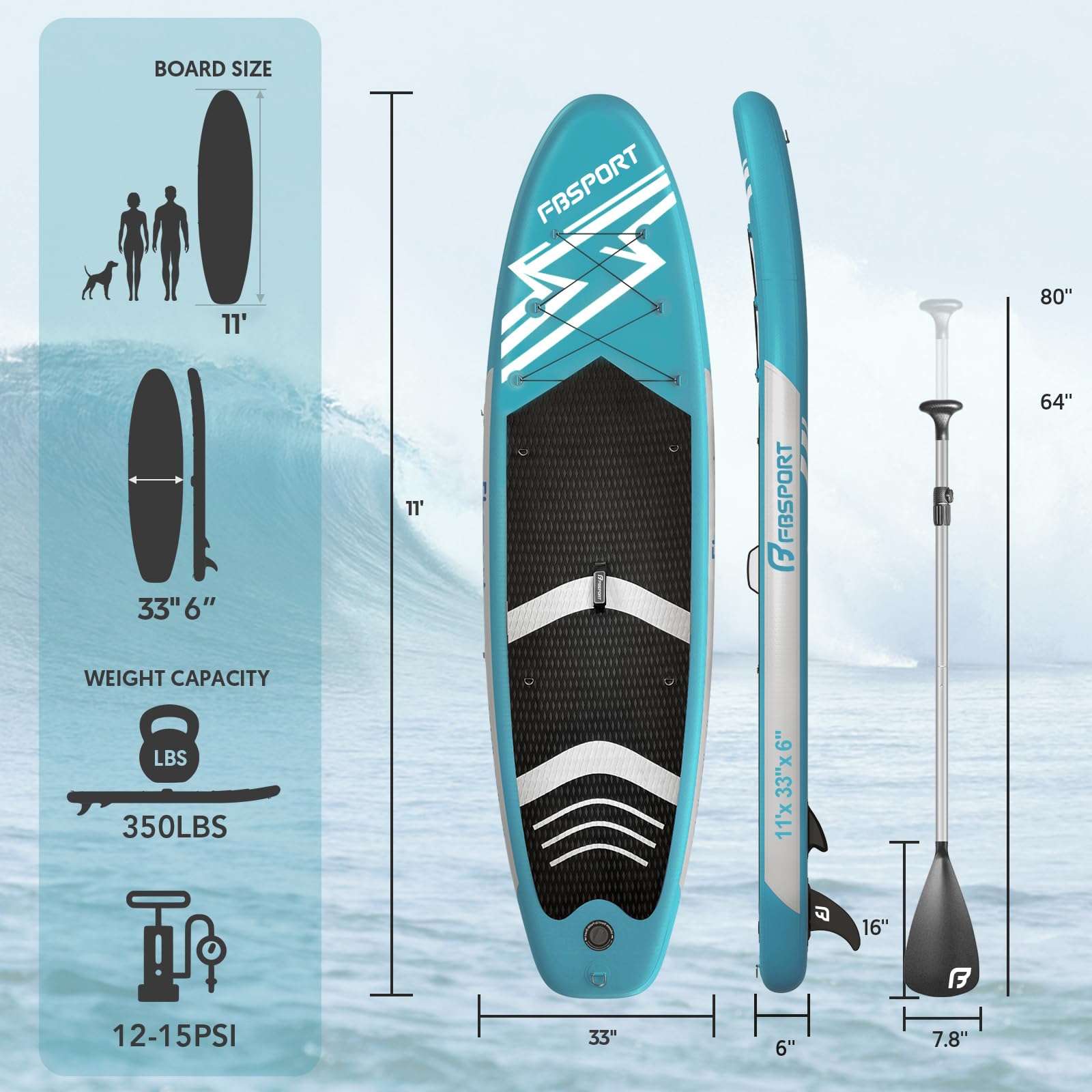 FBSPORT Tabla de Remo de pie 11 pies, Tabla de Yoga con Accesorios Sup y Bolsa de Transporte, Amplia Postura, Control de Surf, Cubierta Antideslizante, Correa, Pala y Bomba para