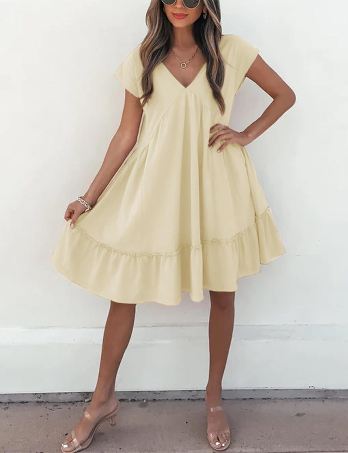 APAFES Women's Summer Dress A Line V-Neck Ruffle Hem Sundress Flowy Swing Mini Dress with Pockets(Beige-XS) - Image 9