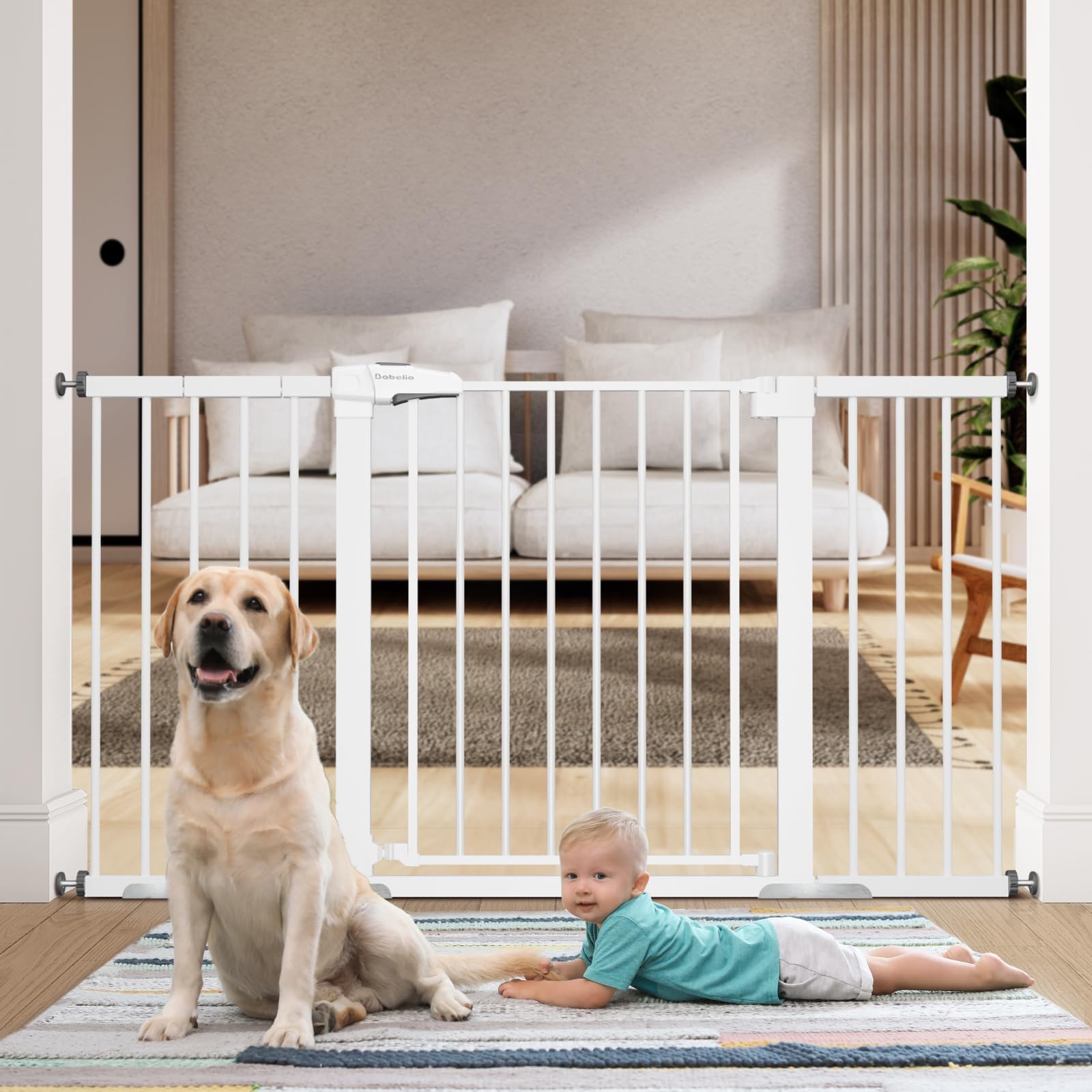 BABELIO 29-55 Inch Extra Wide Baby Gate Metal Self Closing Dog Gate Pressure Mounted Pet Gate for Doors, No Tools, No Drilling, Wall Cup, White