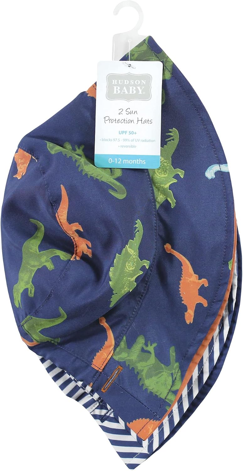 Hudson Baby Unisex Baby 4Pc Sun Protection Hat, Dino Stripe Dinosaur Palm Tree, 12-24 Months