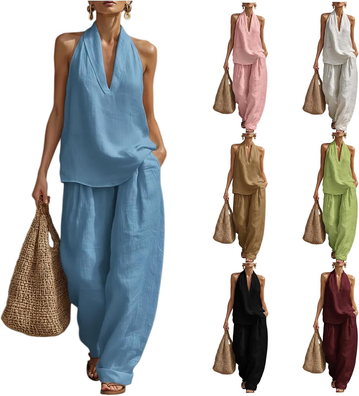 Linen Sets for Women 2 Piece Summer Cotton Lounge Sets Sleeveless V Neck Halter Top Wide Leg Pants Suits Matching Set