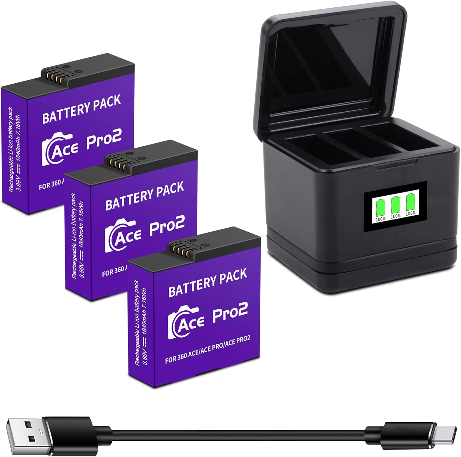 3-Pack Ace Pro 2 Battery and 3-Channel Fast Charger Hub, Compatible for Insta360 Ace Pro 2/Ace Pro/Ace Action Camera Upgrade Capacity, with USB-C Charging Cable Upgrade 3.85V 1800mAh/6.93Wh