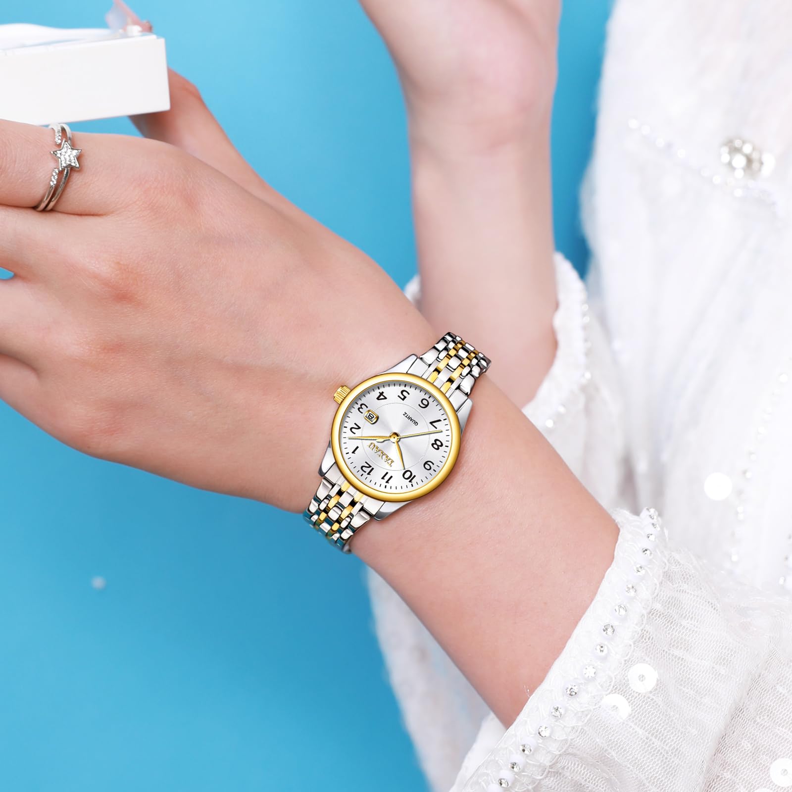 Taxau Damen Uhr Wasserdicht Quarzuhr Gold Silber Edelstahlband Armbanduhr