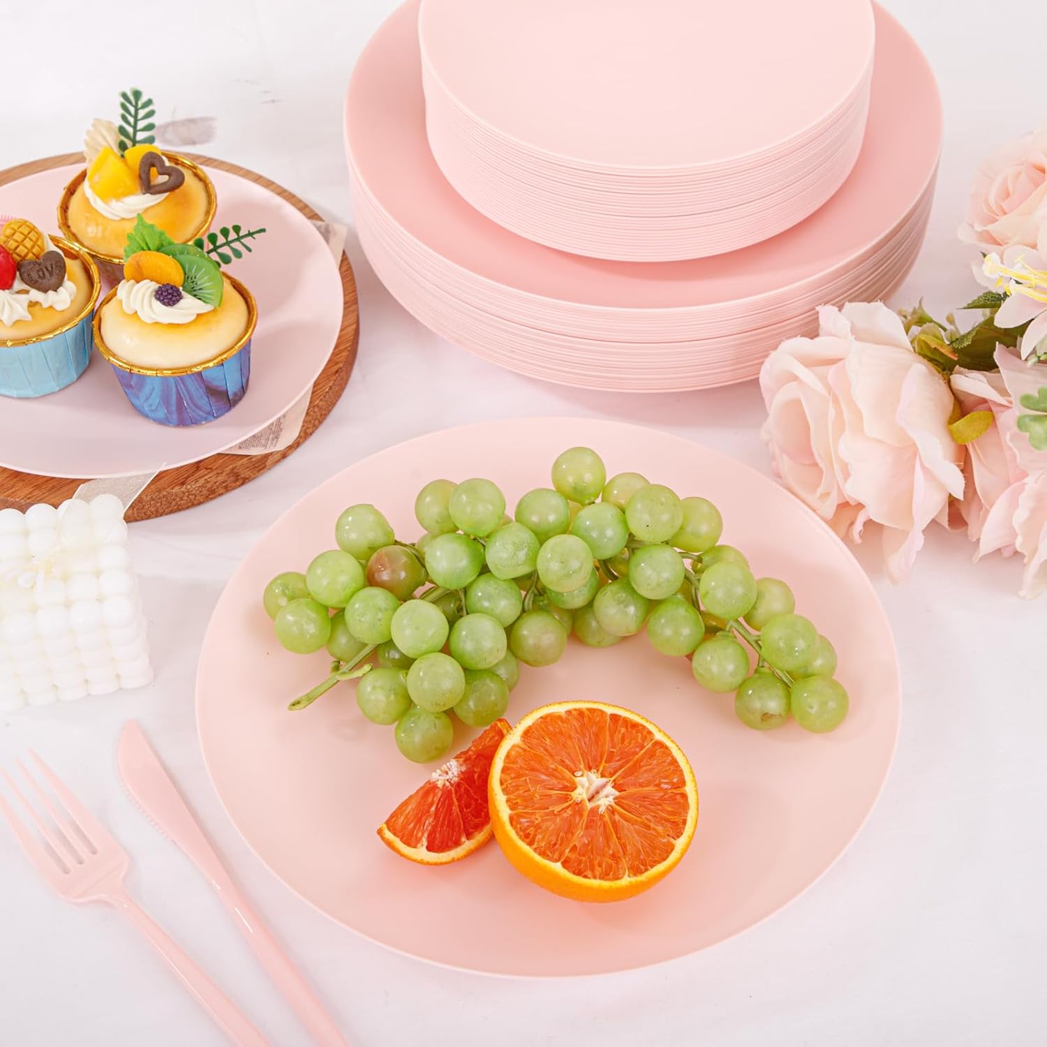 EI 150pcs Pink Plastic Plates Pink Disposable Heavy Duty Plastic Plates for Party Dinnerware Set Pink Plastic Silverware for Party Wedding Afternoon Tea,Spring,Mother's Day,Valentine's Day,Easter