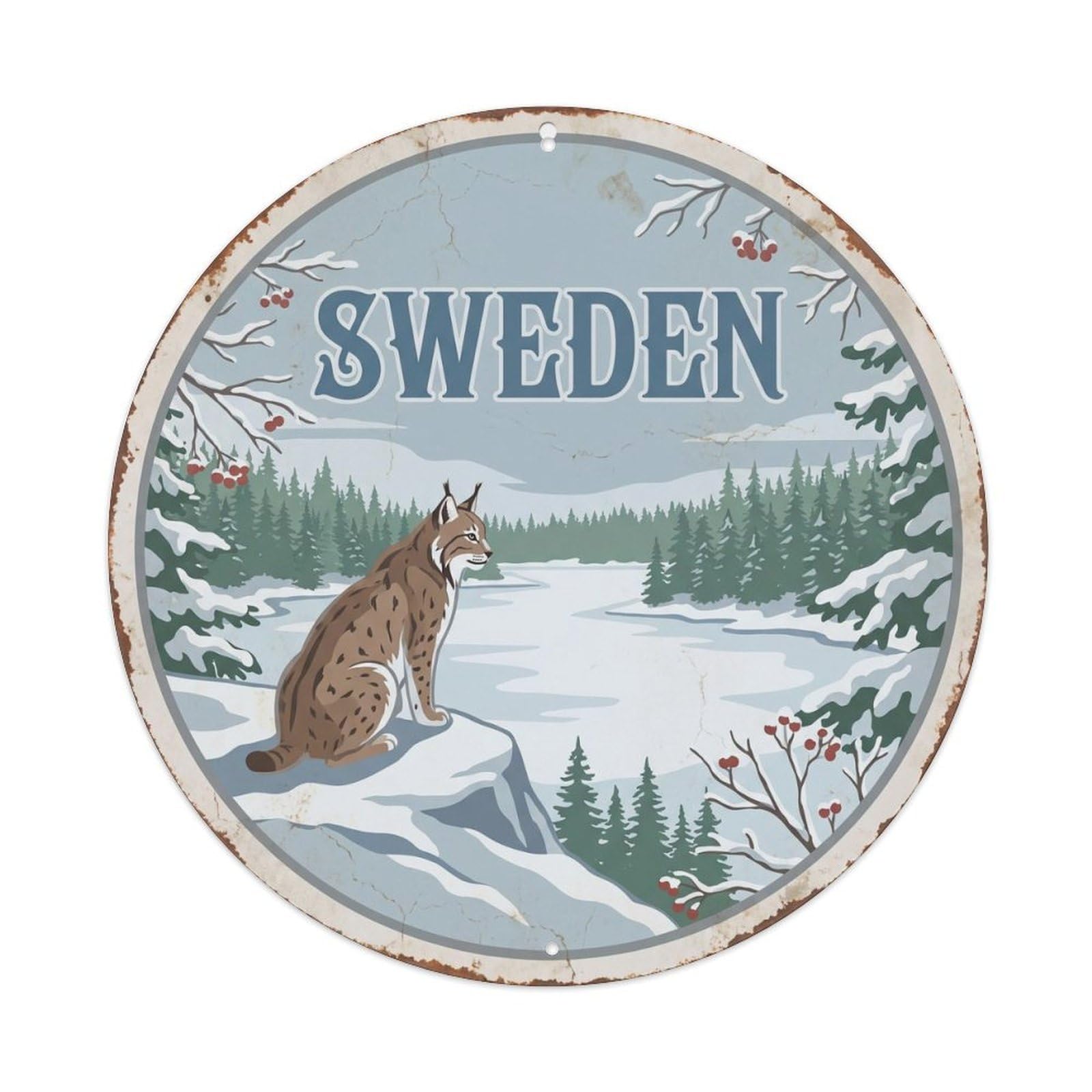 Sweden Lynx Snowy Pine Forest Metal Tin Sign