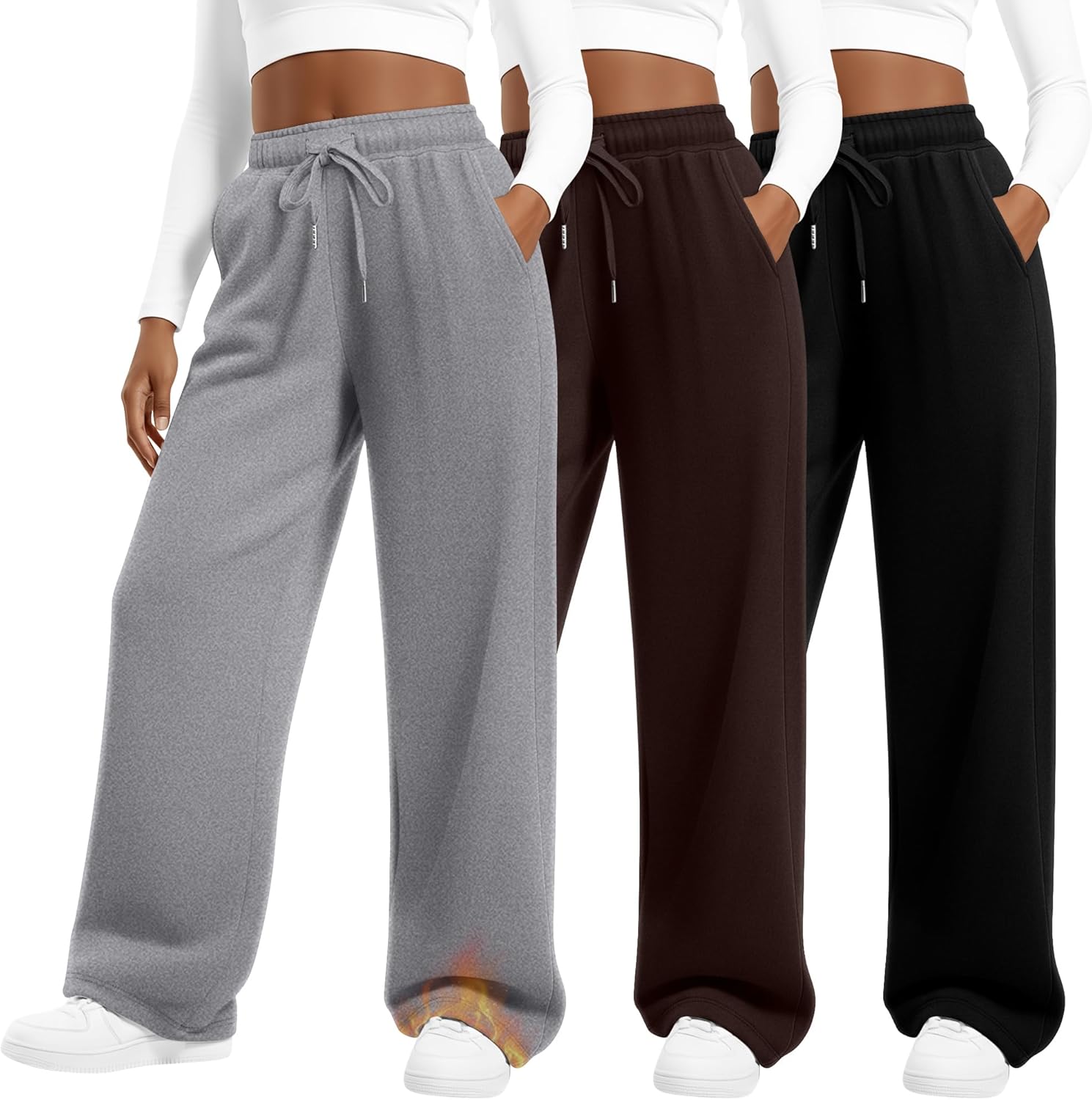 Sweetyweee 3 Pack Women's Plus Size Fleece Lined Pants Wide Leg Drawstring Sweatpants with Pocket Elastic Waisted Yoga Pants