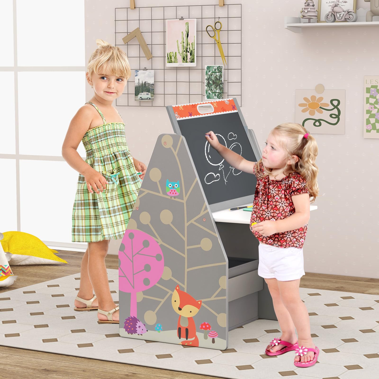 GOPLUS Kinderstaffelei Spieltisch mit Stuhl, Kindertisch und Stuhl-Set mit drehbarer doppelseitiger magnetischer Tafel & Whiteboard, Bücherregal & Aufbewahrungsfach, Maltisch für Kinderzimmer(Grau)