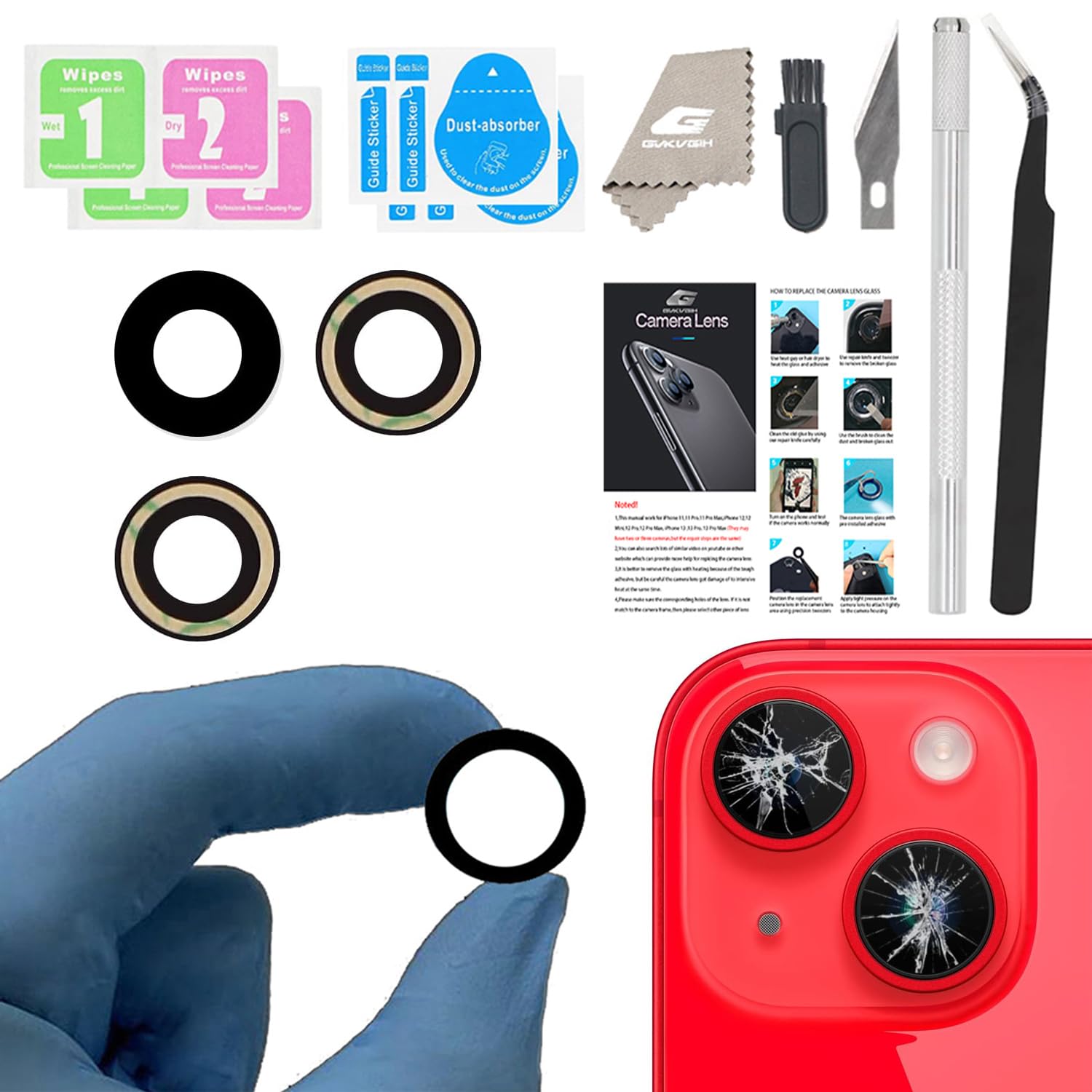 Rear Camera Lens Covers Replacement for iPhone 14/15 & 14Plus/15Plus, GVKVGIH Back Camera Len Glass Replacement with Double-Sided Adhesive & Repair Tool Kit for 14/14plus/15/15plus