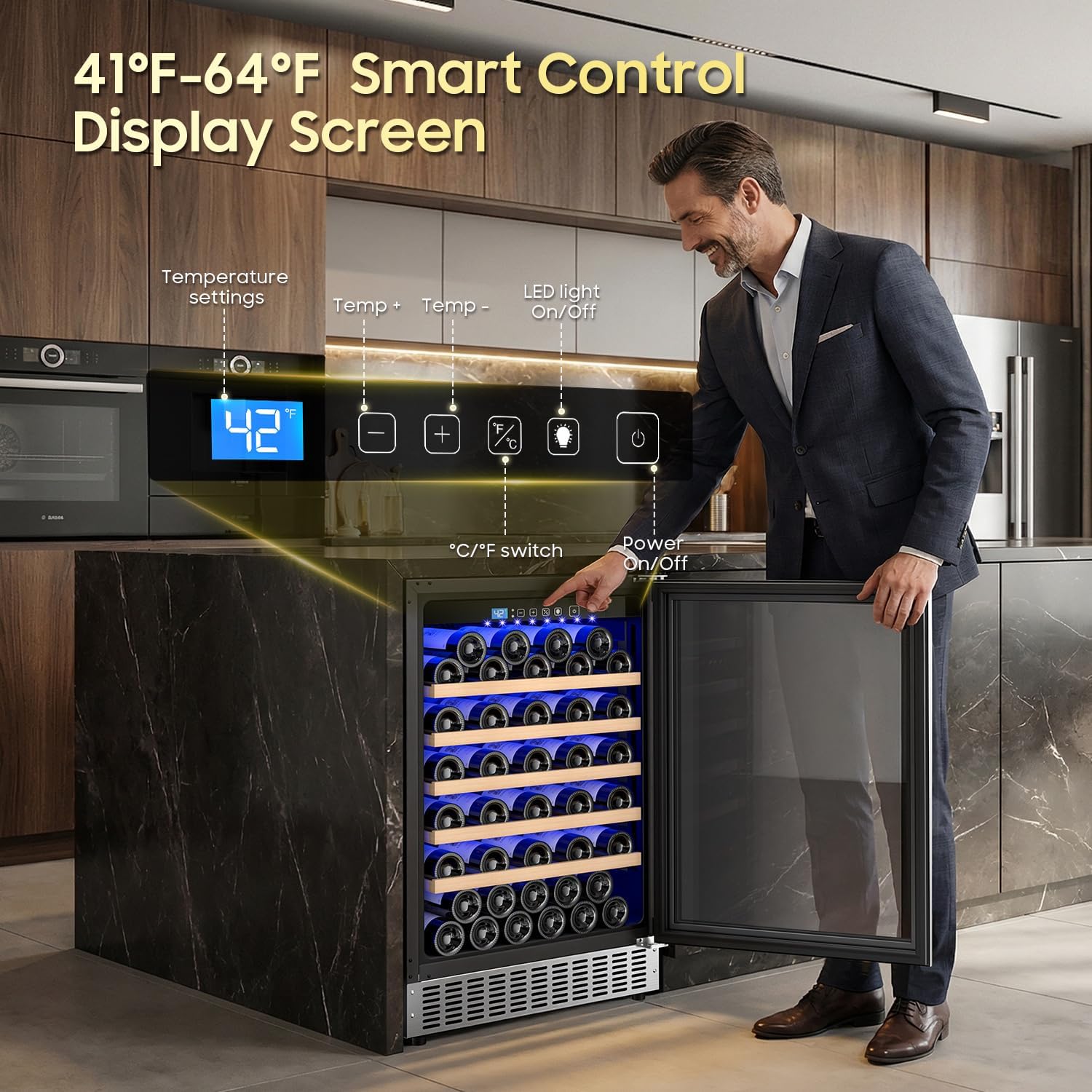 24 Inch Wine Fridge 54 Bottle Wine Cooler Refrigerator Freestanding/Built in, Compressor 4.9Cu.Ft Wine Cooler w/Lock & LED Display, 41℉-64℉ Digital Control Fridge, Housewarming Gifts for Wine Lovers