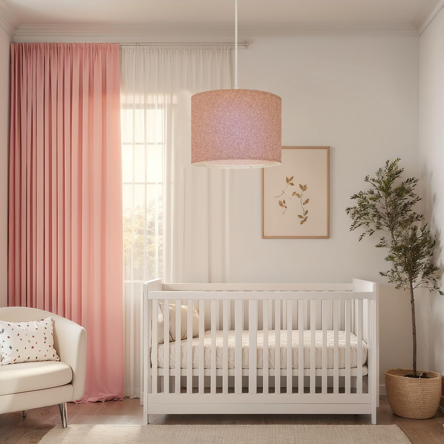 Plug in Pendant Light Glitter Pink Sparkly Bling Fine Texture Tones Even Distribution Subtle Hanging Light with Plug in Clear Cord Dimmable Switch Linen Shade Hanging Lamp Fixture for Bedroom Kitchen