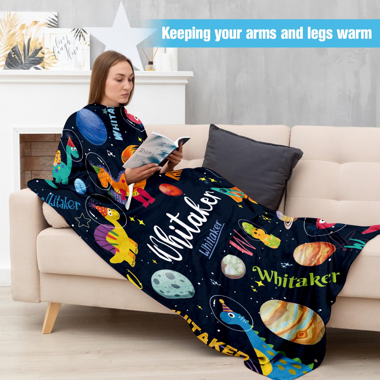 Custom Name Wearable Flannel Blanket for Kids, Lightweight Soft Blanket with Sleeves & Foot Pocket for Boy, Plush Throw Blankets with Space Dinosaur Pattern for Children Adult