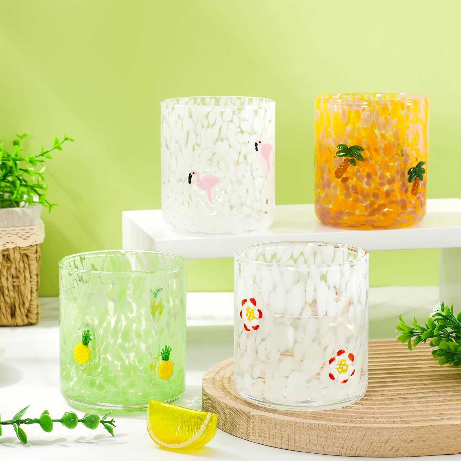 JarThenaAMCS 4Pcs Summer Icon Juice Glass 14 Oz Wine Glass Flamingo Pineapple Coconut Tree Hibiscus Stemless Cocktail Drinking Cups for Tropical Hawaiian Beach Party Favors