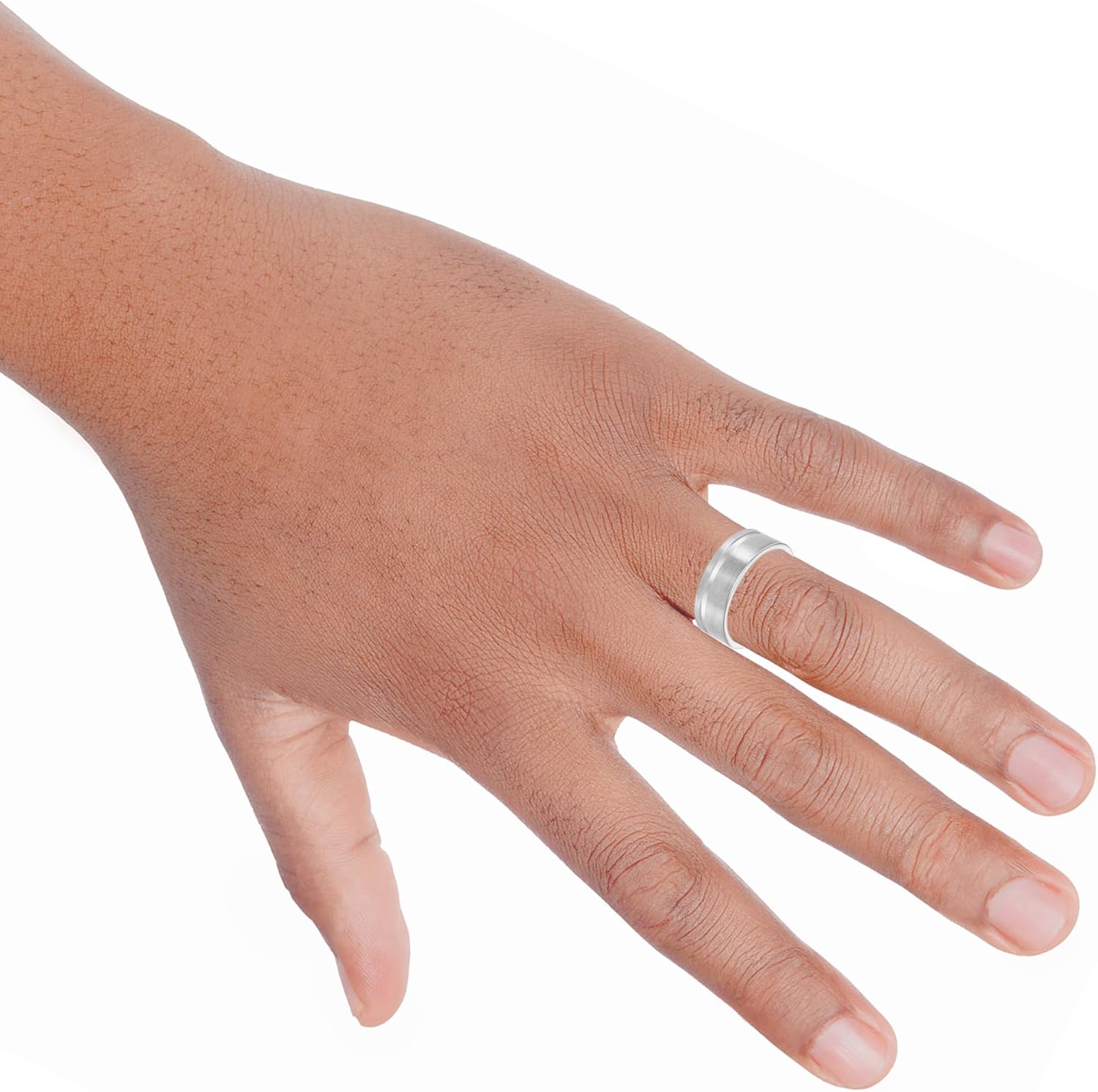 Brilliant Expressions Men’s Tungsten Carbide Wedding Band – 8mm White & Grey Satin Finish Ring with Flat Profile, Polished Round Edges, Comfort Fit, Scratch Resistant & Hypoallergenic - Image 5