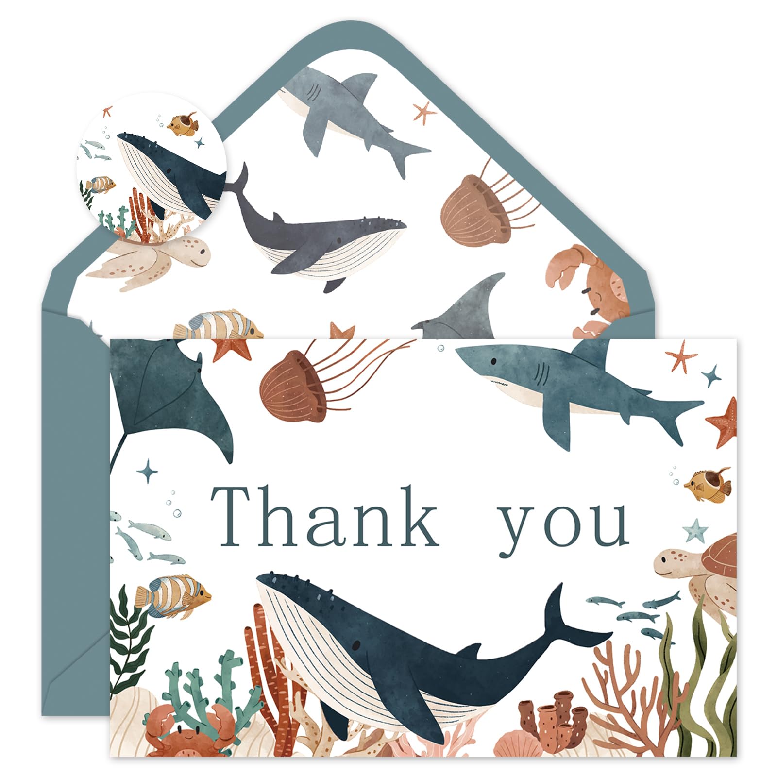 FYSUIMU 24 Pack Ocean Animal Thank You Cards Bulk Cute Sea Life Greeting Cards with Envelopes Stickers Blank Note Cards for Birthday Baby Shower Party