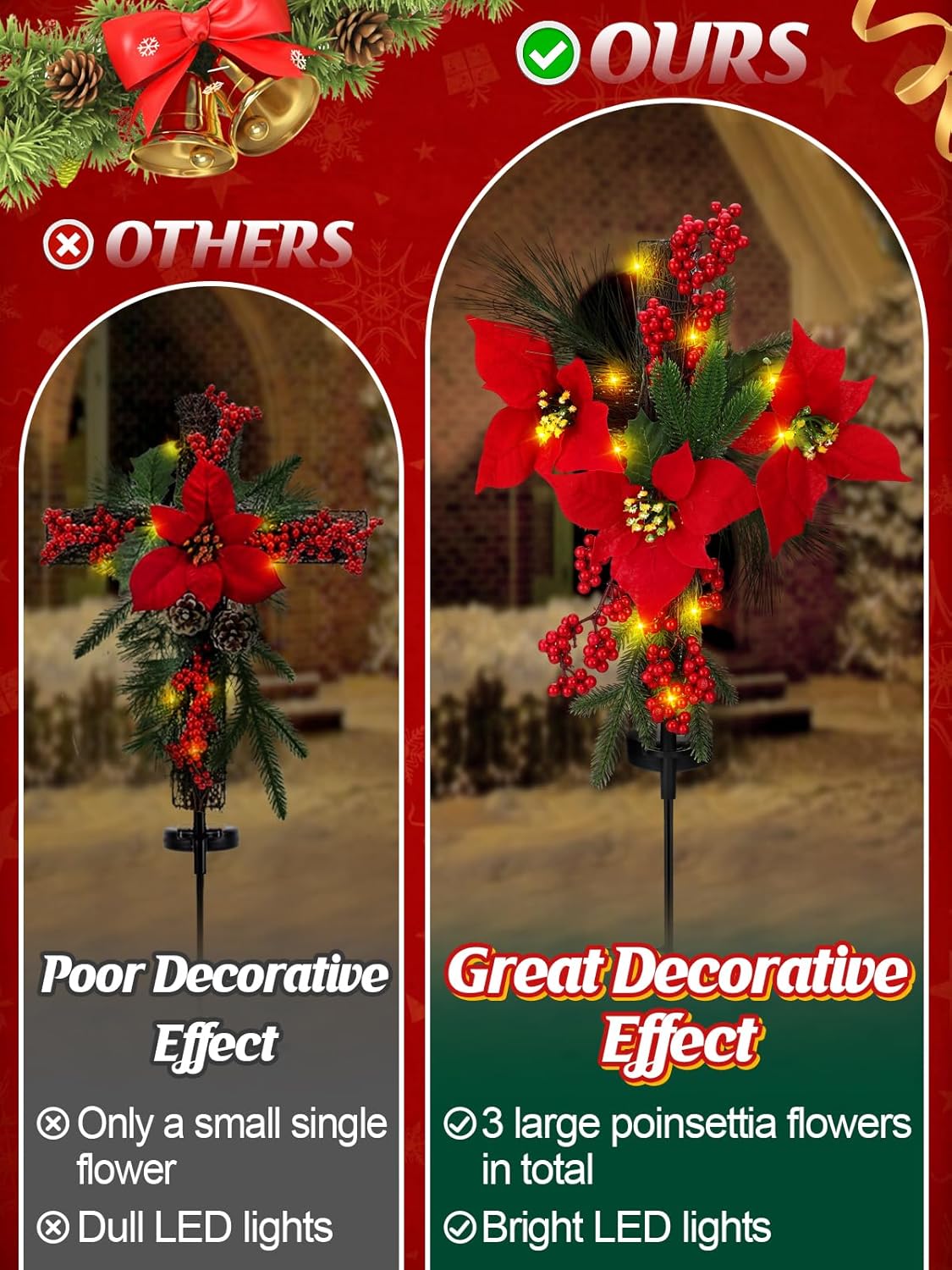 Christmas Cemetery Decorations for Grave - IP65 Waterproof Solar Lights Cross Stake with Faux Poinsettia Flowers Pine Foliage, Garden Lawn Yard Pathways Xmas Outdoor Decor (Metal Frame, 1 Pack)