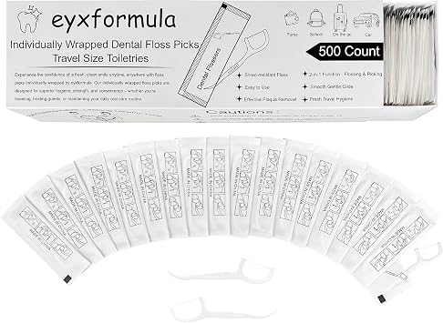 Eyxformula Individually Wrapped Floss Picks 500 Pcs Bulk Pack, Disposable Individual Dental Flossers for Travel, Guest Bathrooms, Wedding Welcome Bags, Airbnb Essentials & On-the-go Oral Care