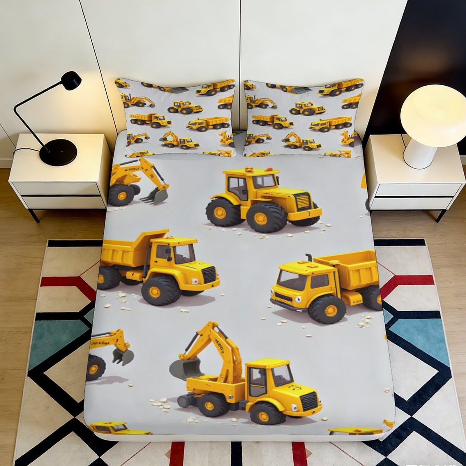 3D Printed Construction Vehicles Fitted Sheet Microfiber Soft Breathable Excavator Bed Cover for Bedroom Dorm Decor 90x200x25cm