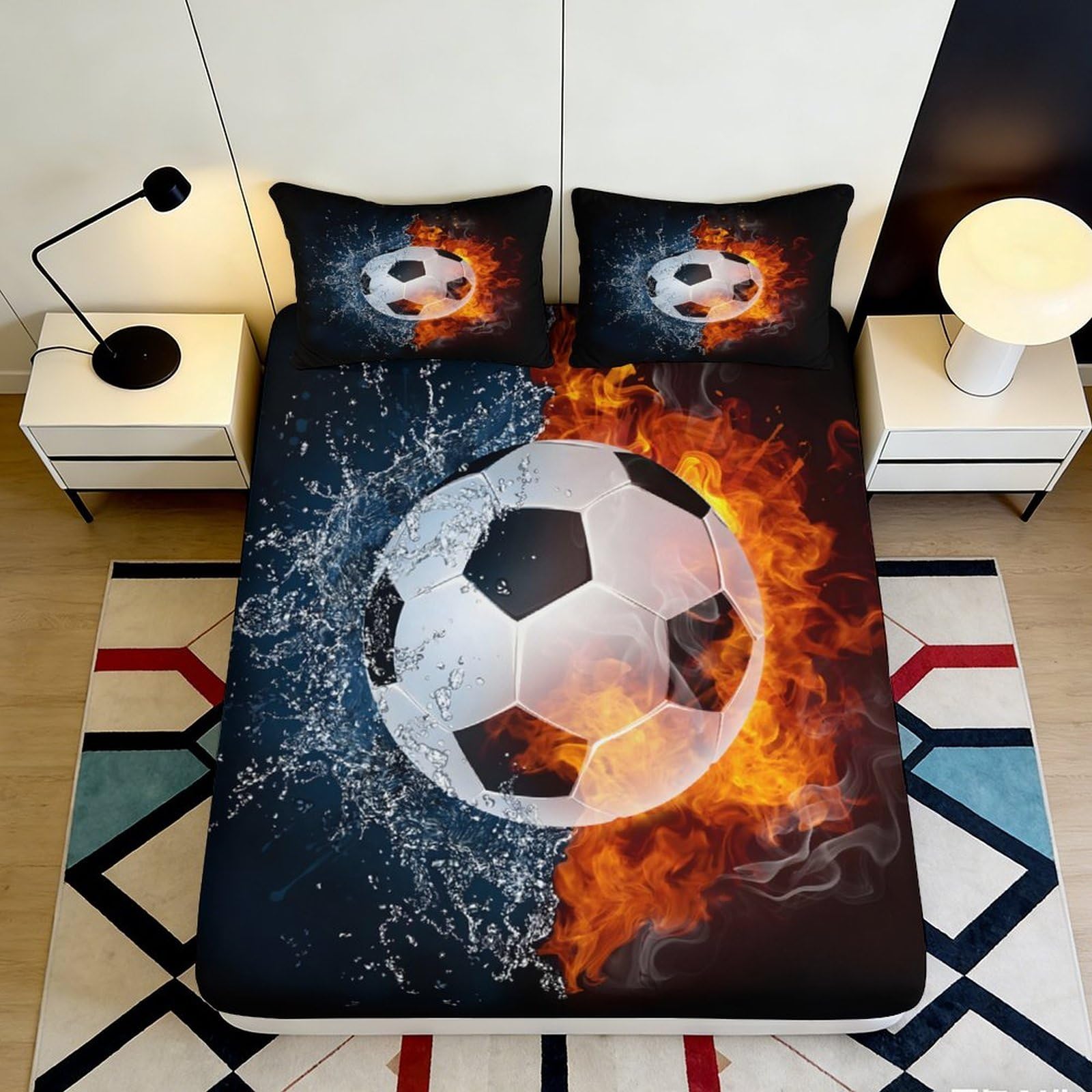 3D Printed Fire Soccer Fitted Sheet Microfiber Water Splash Bed Cover Non Slip Machine Washable for Bedroom Dorm 90x200x25cm
