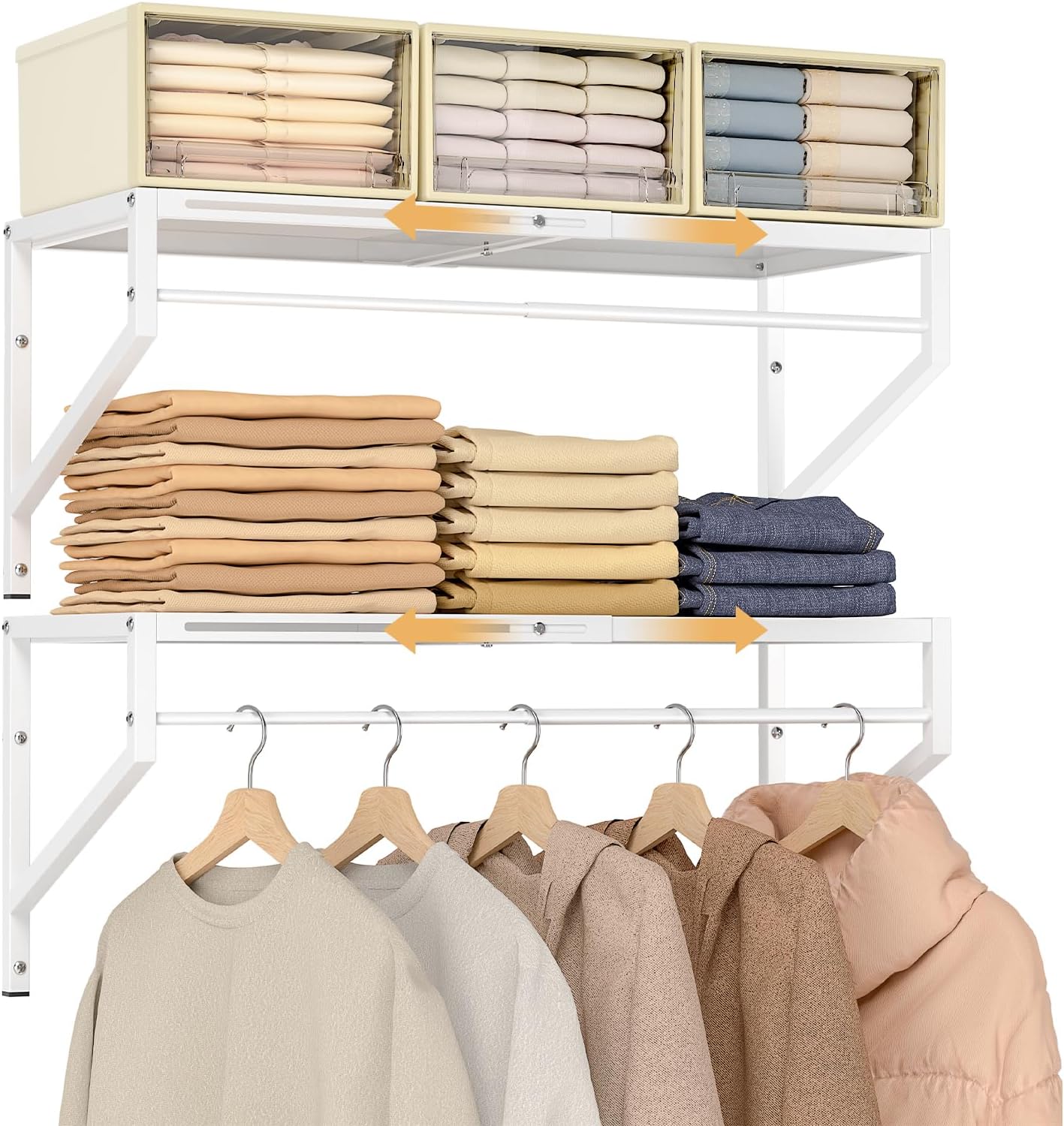 ThreeHio Expandable Closet Shelves Wall Mounted, 2 Pack Closet Shelving with Hanging Rods, Wall Shelving for Walk-in Closet, Hanging Shelves Organizer and Storage for Closet, Laundry