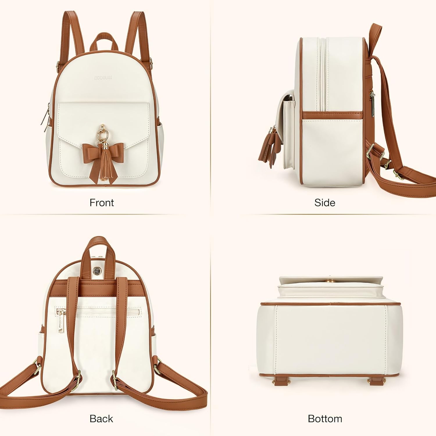 ECOSUSI Mini Backpack for Women Girls Cute Bowknot Small Backpack Purse Ladies Leather Bookbag Satchel Bag, with Charm Tassel White＆Brown - Image 7