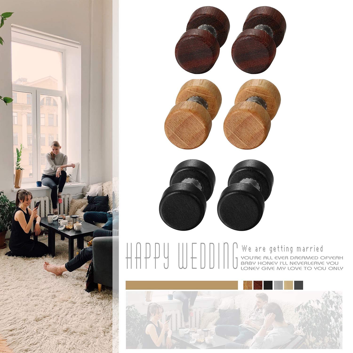 Pendientes de Acero Inoxidable Quirúrgico y Madera Dumbbells 8-12 mm 6 Pcs