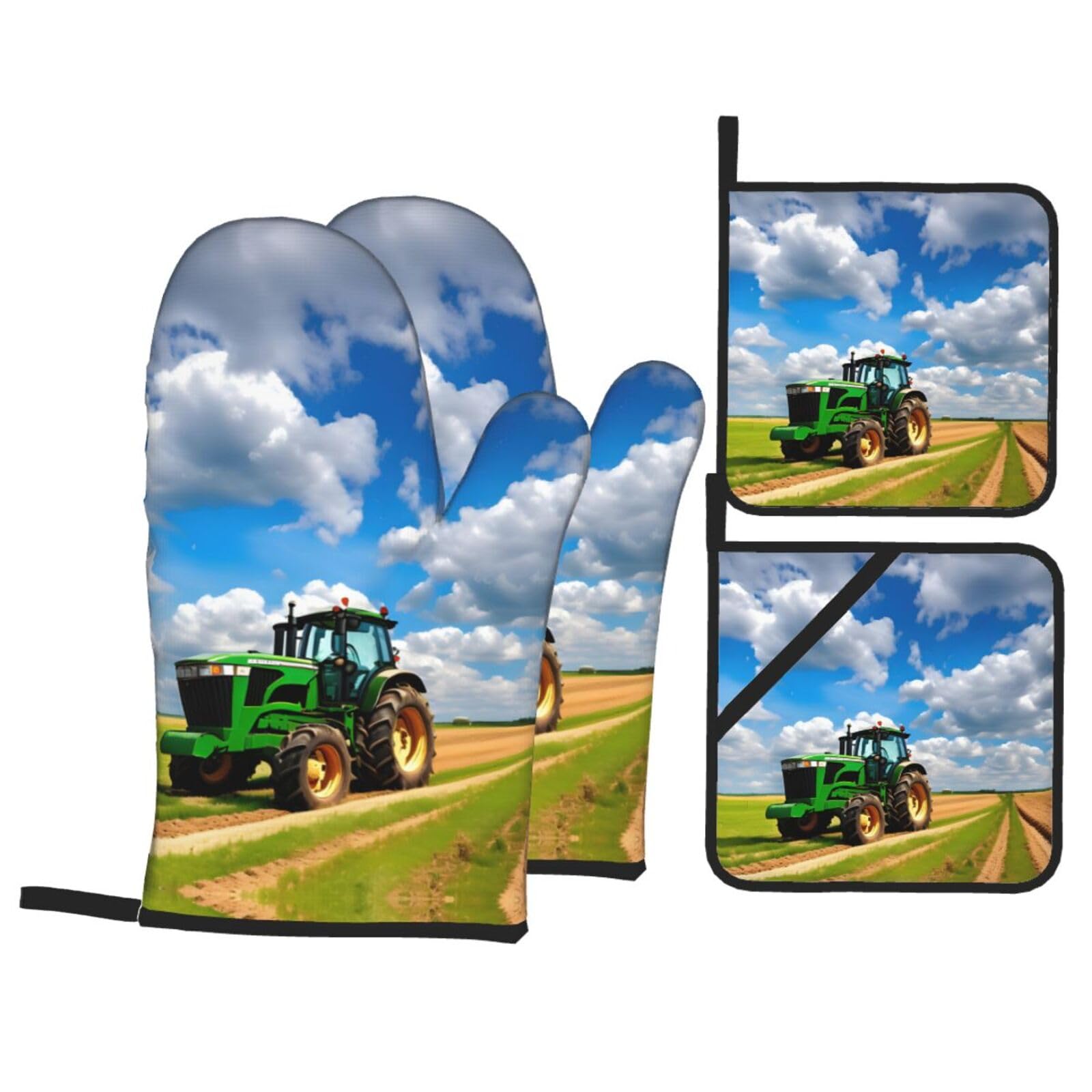 Nimongt Black Tractor Under Blue Sky And White Clouds Print Heat-Resistant 4-Piece Oven Kitchen Gloves For Baking Cooking Microwaving Essentials
