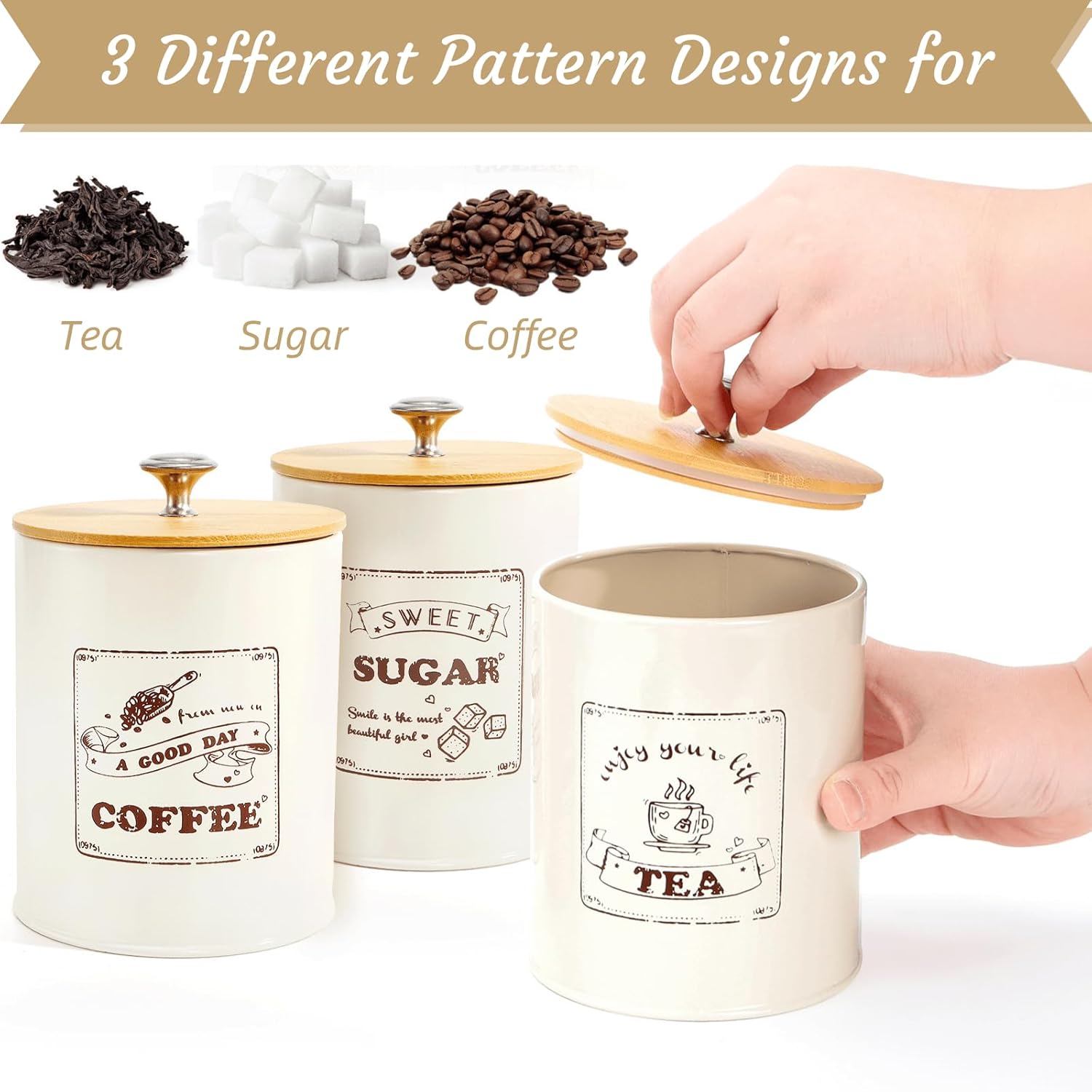 Youeon Metal Canisters Sets for the Kitchen, 40 Oz Coffee Sugar Tea Container Set, Farmhouse Style, Food Storage Containers with Lids for Countertop, Cabinet, Coffee Bar Decor, Beige