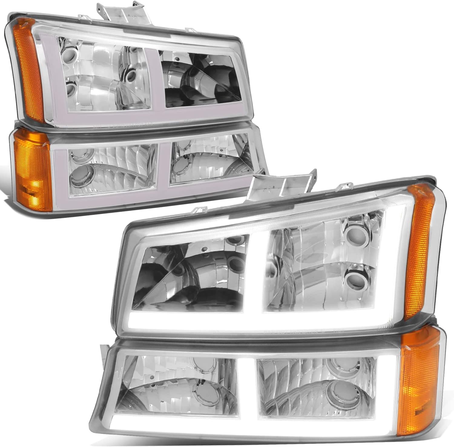DNA MOTORING HL-LB4-CSIL03-CH-AM F-LED DRL Headlights Compatible with 03-06 Silverado Avalanche 1500 2500, Fit Models without Factory Cladding ONLY,Chrome/Amber