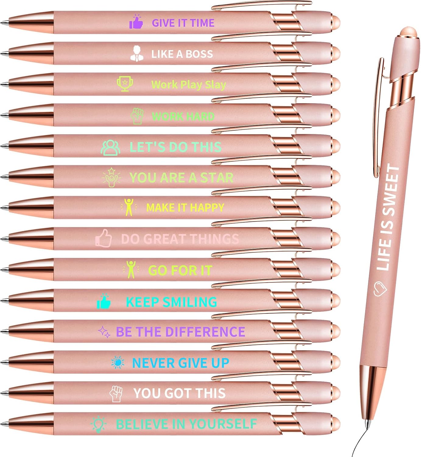 15 Piece Inspirational Pens Bulk, Motivational Ballpoint Pen with Stylus Tips, Affirmation Gifts for Christmas Teacher Nurse School Office Supplies, Black Ink - Rose Gold