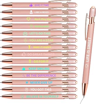 15 Piece Inspirational Pens Bulk, Motivational Ballpoint Pen with Stylus Tips, Affirmation Gifts for Christmas Teacher Nurse School Office Supplies, Black Ink - Rose Gold