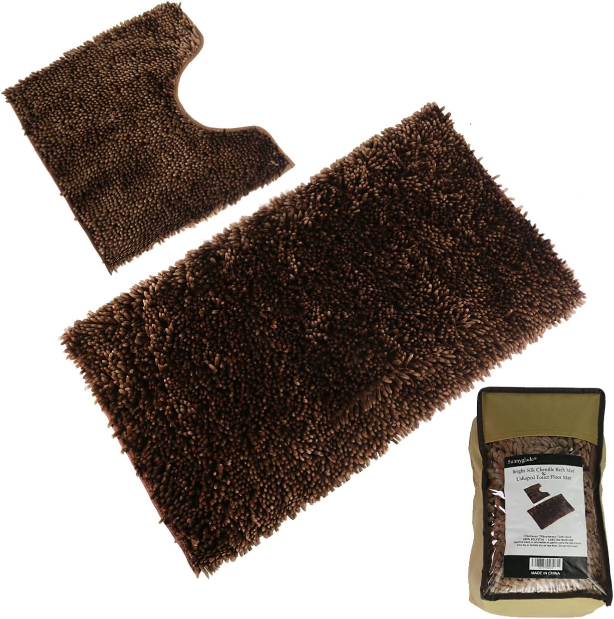 Sunnyglade Bright Silk Bathroom Contour Rugs Combo, Set of 2 Chenille Fabric Microfiber Soft Shaggy Non Slip 21" X 34" Bath Shower Mat and 20" X 20" U-Shaped Bathroom Mats Carpet