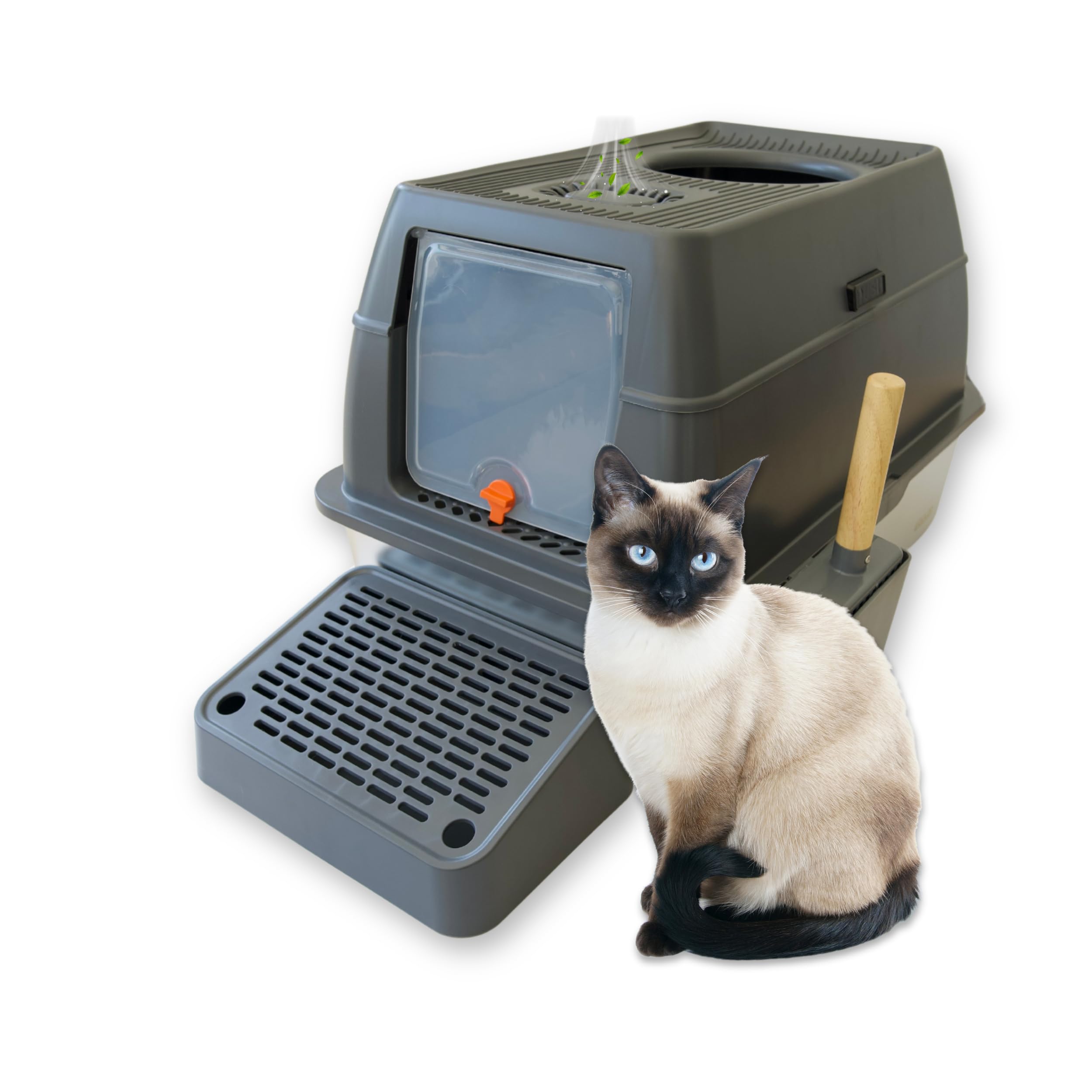 IGAD XXL Stainless Steel Cat Litter Box – High Sides, Non-Stick, Easy Clean, Odour Control, Removable Lid & Scoop (Grey Double Entry)