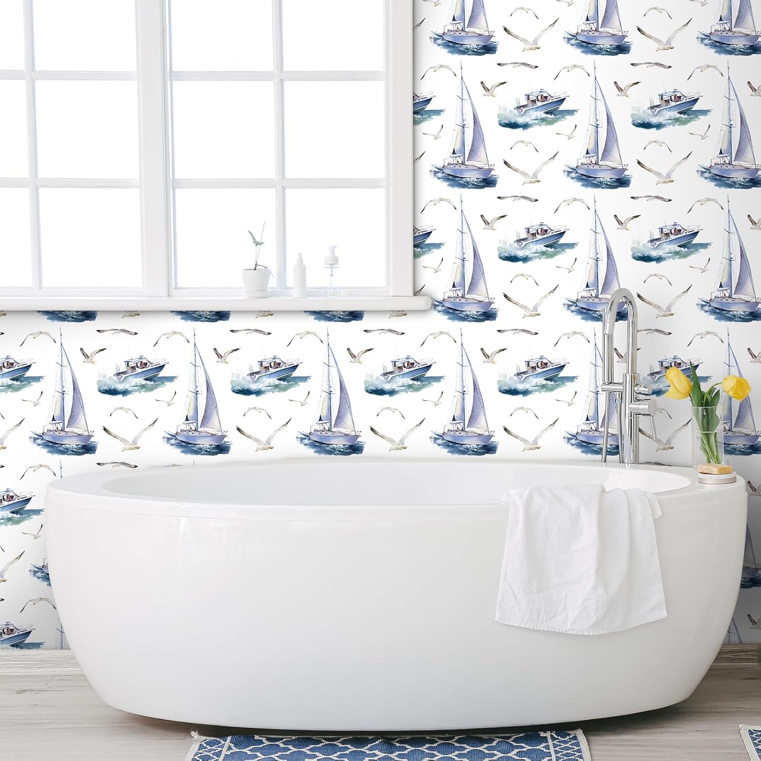 ReWallpaper 17.5in×23ft Blue and White Coastal Wallpaper Peel and Stick Blue Contact Paper for Cabinets Removable Nautical Wallpaper Boats Seagulls Vintage Nautical Wall Decor for Kids Bedroom Walls