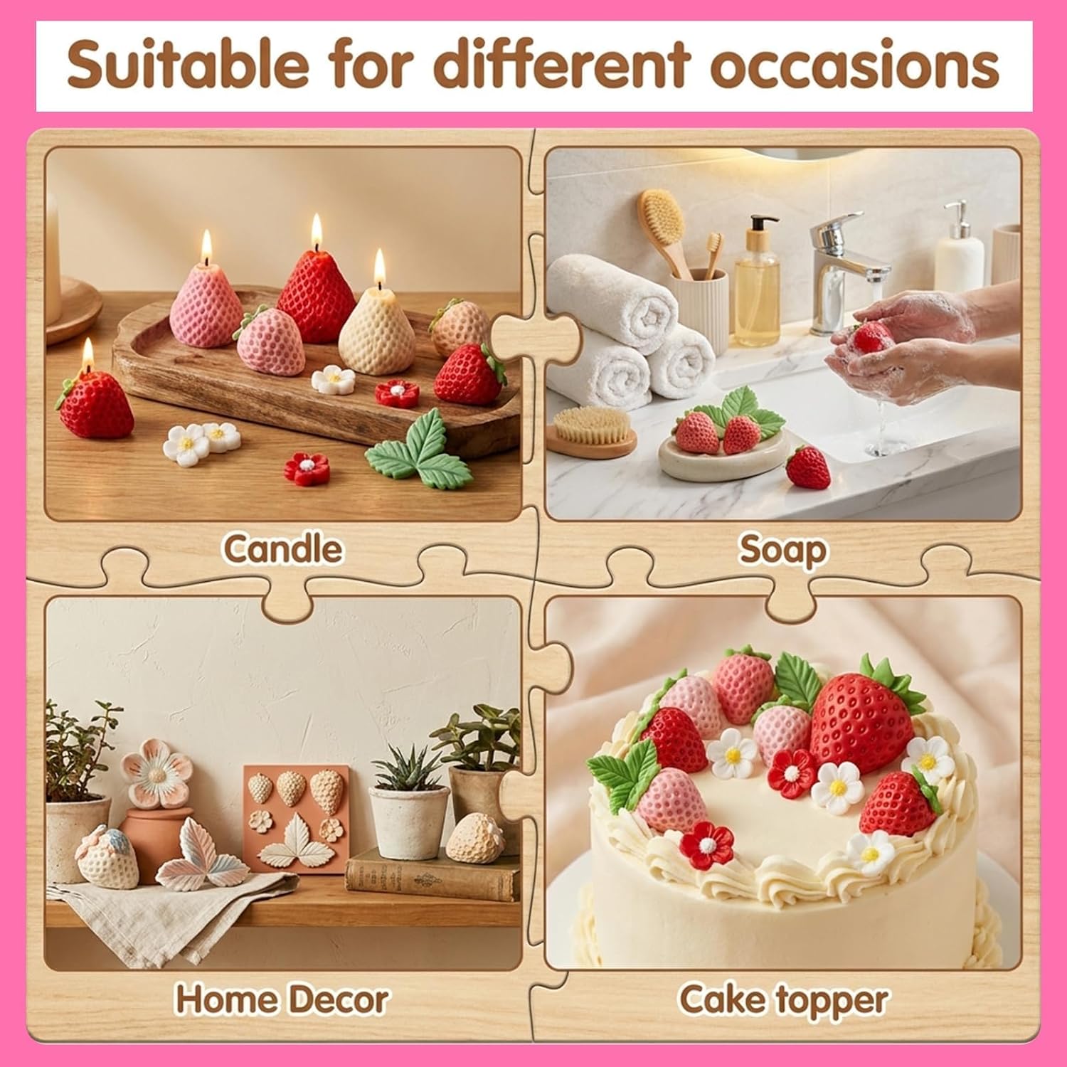 4PCS Strawberry Silicone Mold, 3D Strawberry Candle Gummy Mold Chocolate