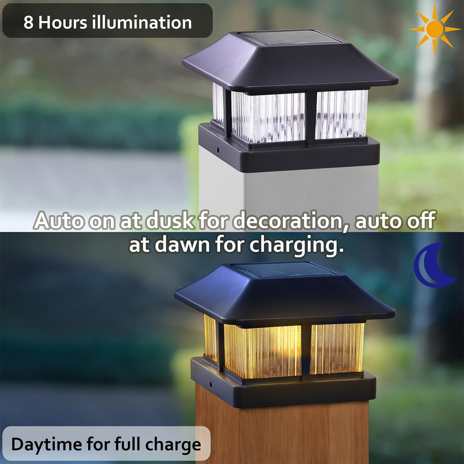 Dynaming 4x4 Solar Post Cap Lights Outdoor with 2 Color Modes, Fence Post Solar Lights Black Shell Brightness SMD LED Lantern Lamps Waterproof for Garden Deck Patio, Fit Wooden/Vinyl Posts, 8 Pack