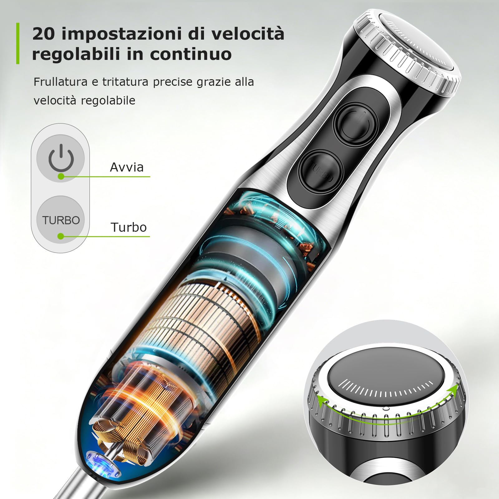 Bonsenkitchen Frullatore a Immersione 4-in-1, Piede in Acciaio Inox, 1000W