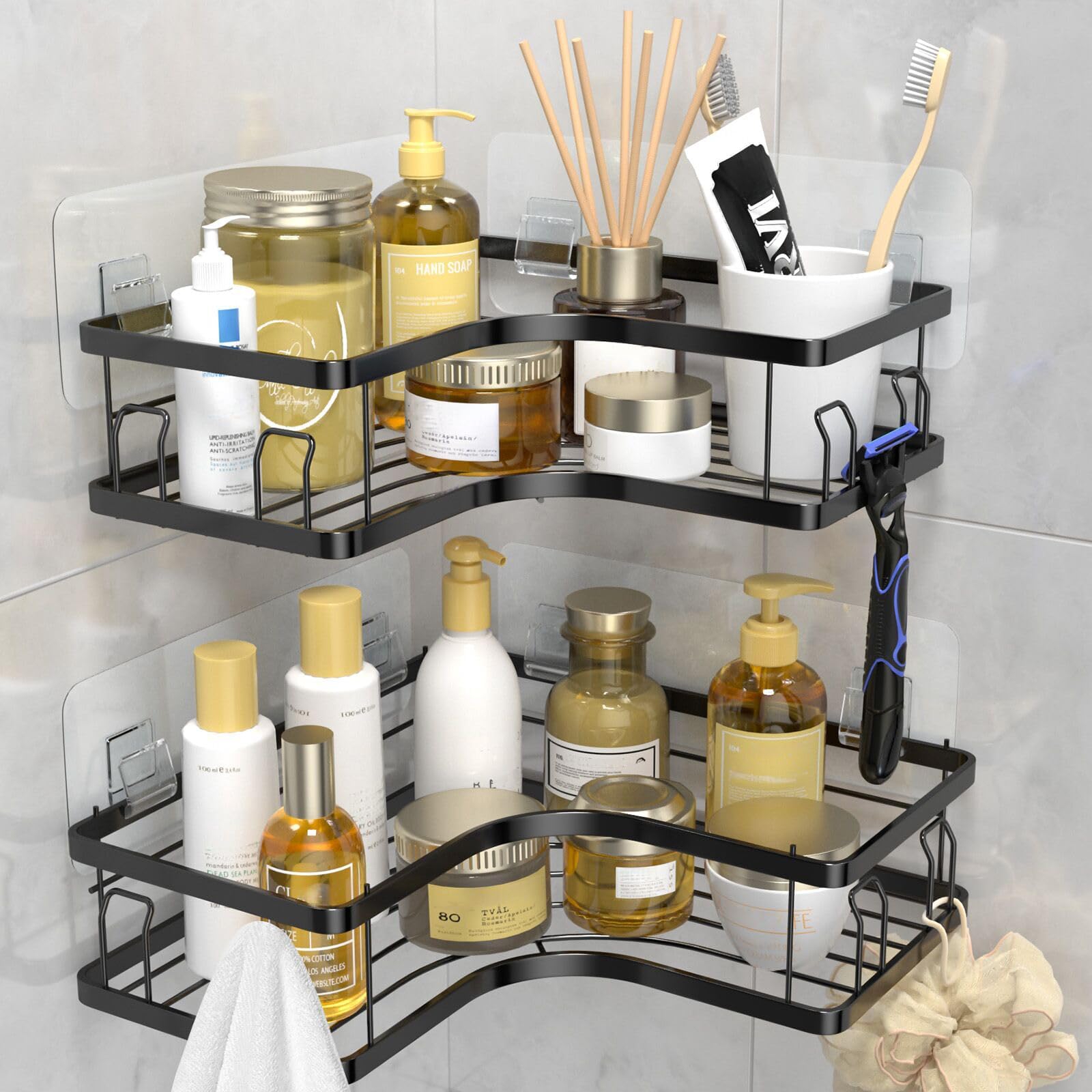 Shower Caddy, 2 Pack Adhesive Bathroom Organizer, No Drilling Black Shower Shelf for Inside Shower, Storage Rack Shampoo Holder