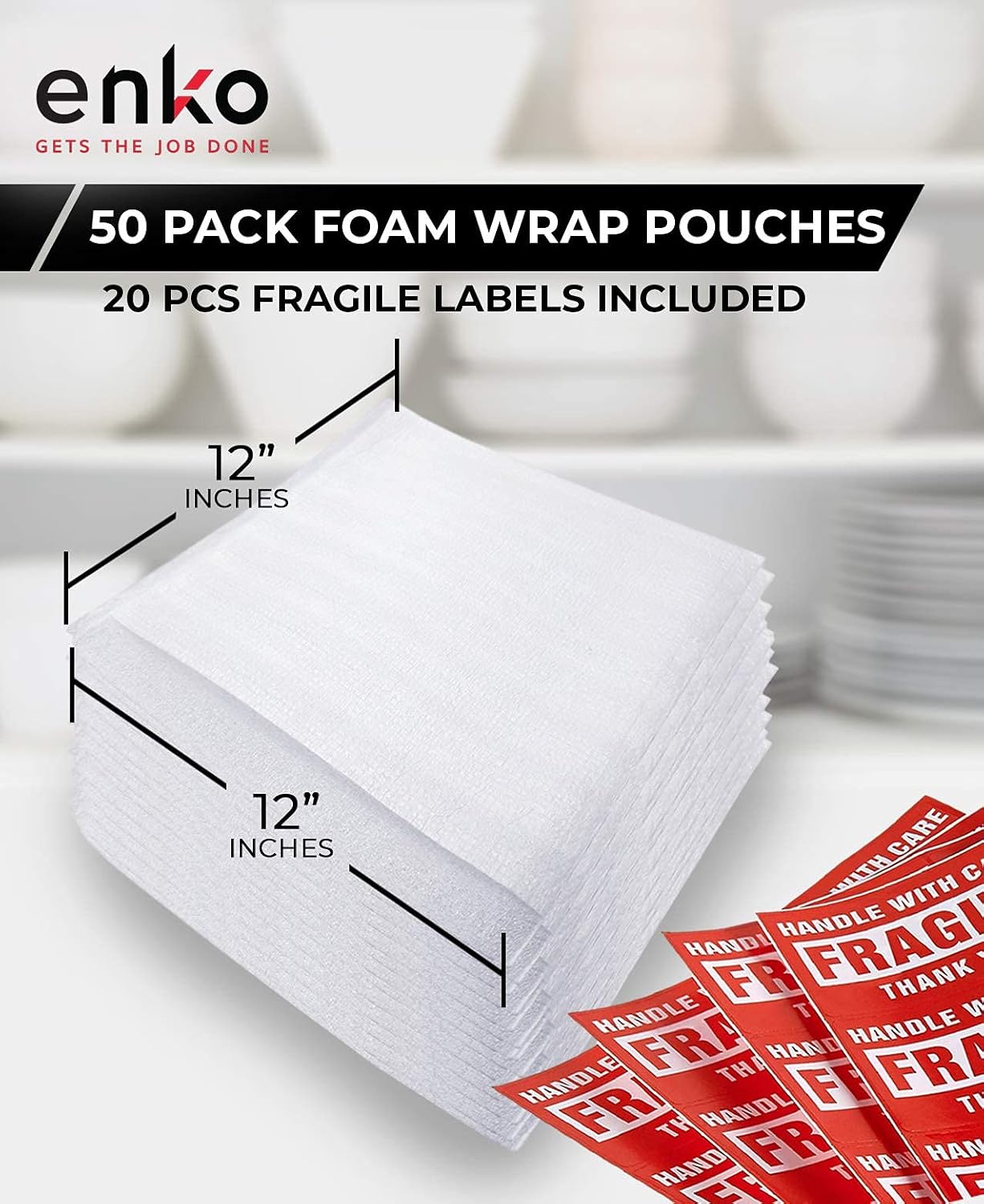 enKo 12 x 12 inch (50-Pack) Foam Wrap Pouches Cup Plates for Moving Shipping Packing - 20 Fragile Stickers Label