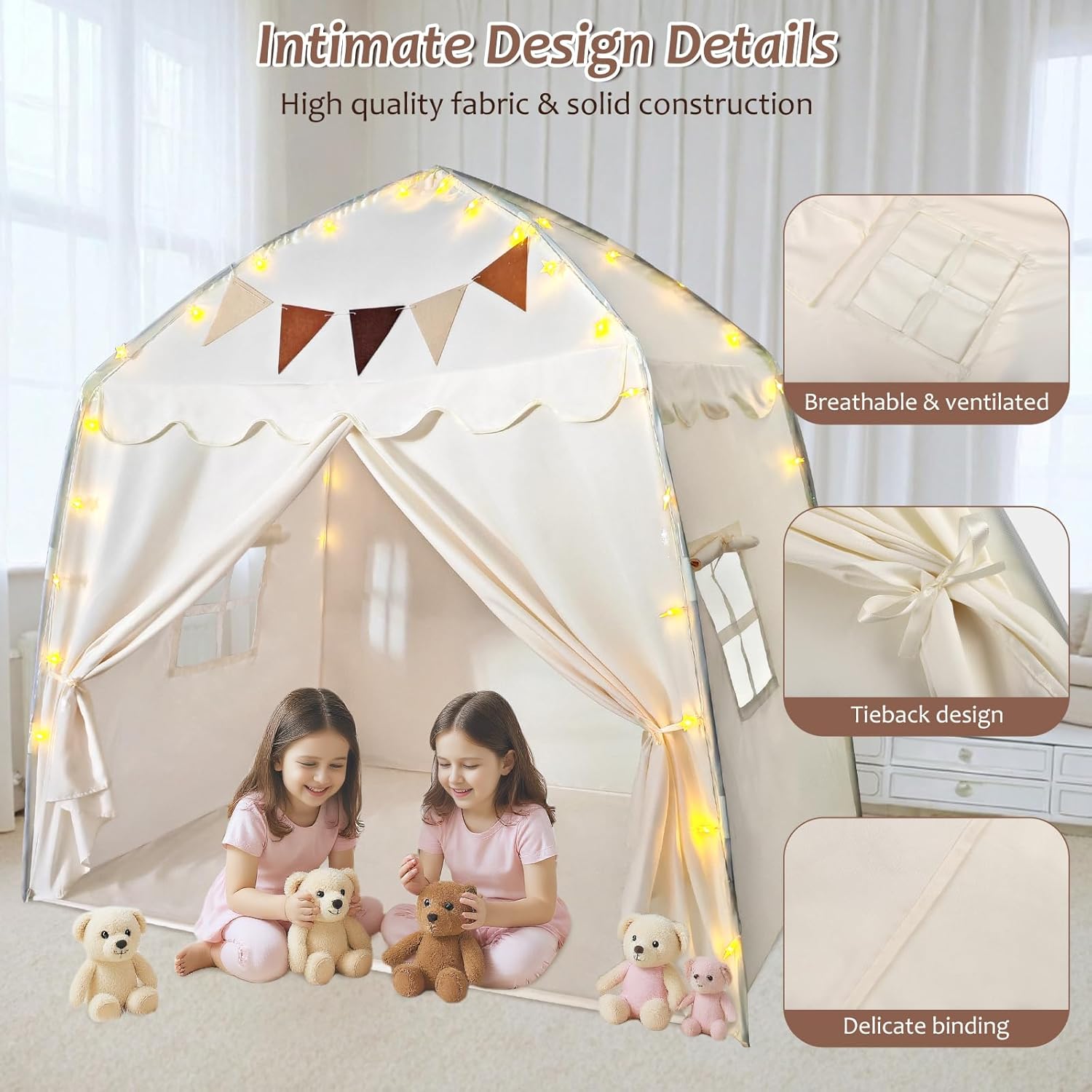 Large Kids Play Tent, Indoor/Outdoor Children's Fort with Flags & Globe String Lights, Spacious Toddler Playhouse (61.8x38.6x58.2inch) for 3-12 Year Olds‌
