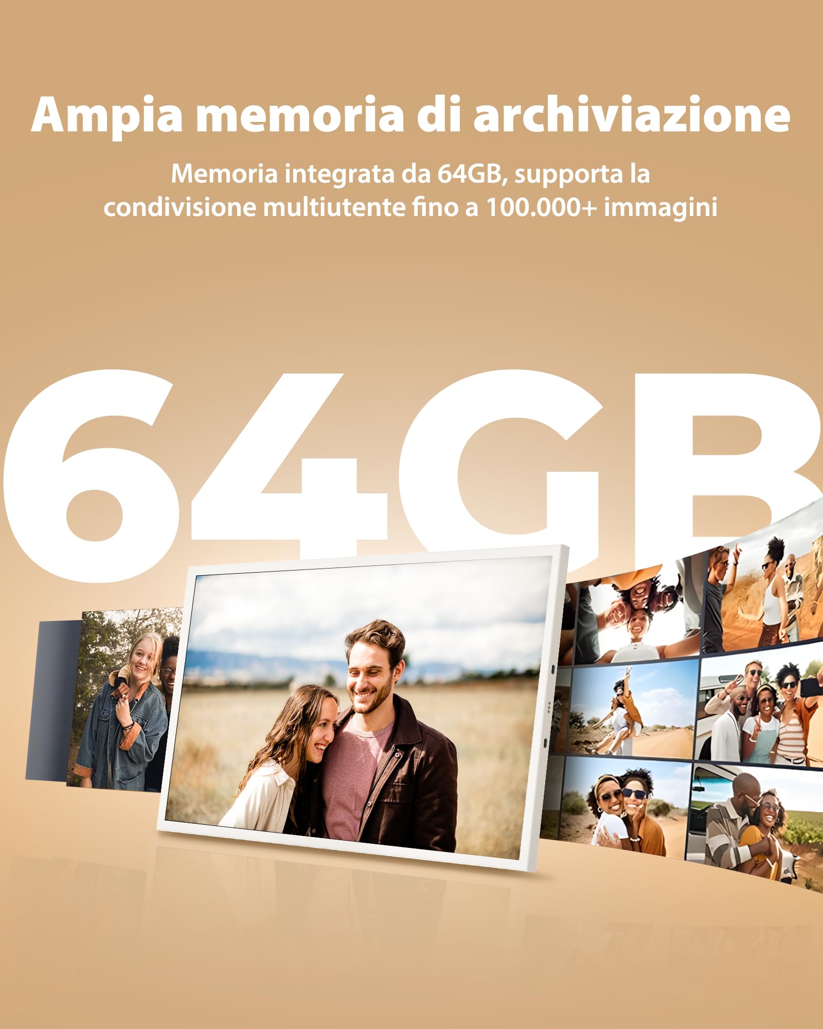 Cornice Digitale WiFi NGTeco 10.1", Ricaricabile Senza Fili con Batteria 5000mAh, Base Wireless, Schermo Touch IPS HD, Rotazione Automatica, Condivisione con App Frameo