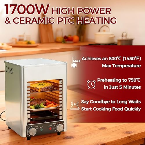 Miniatura 2 de 1700W Electric Broiler Grill, Stainless Steel Adjustable Steak & Chicken Cooker, Perfect for BBQing Beef, Veggies & More - Time & Temperature Control
