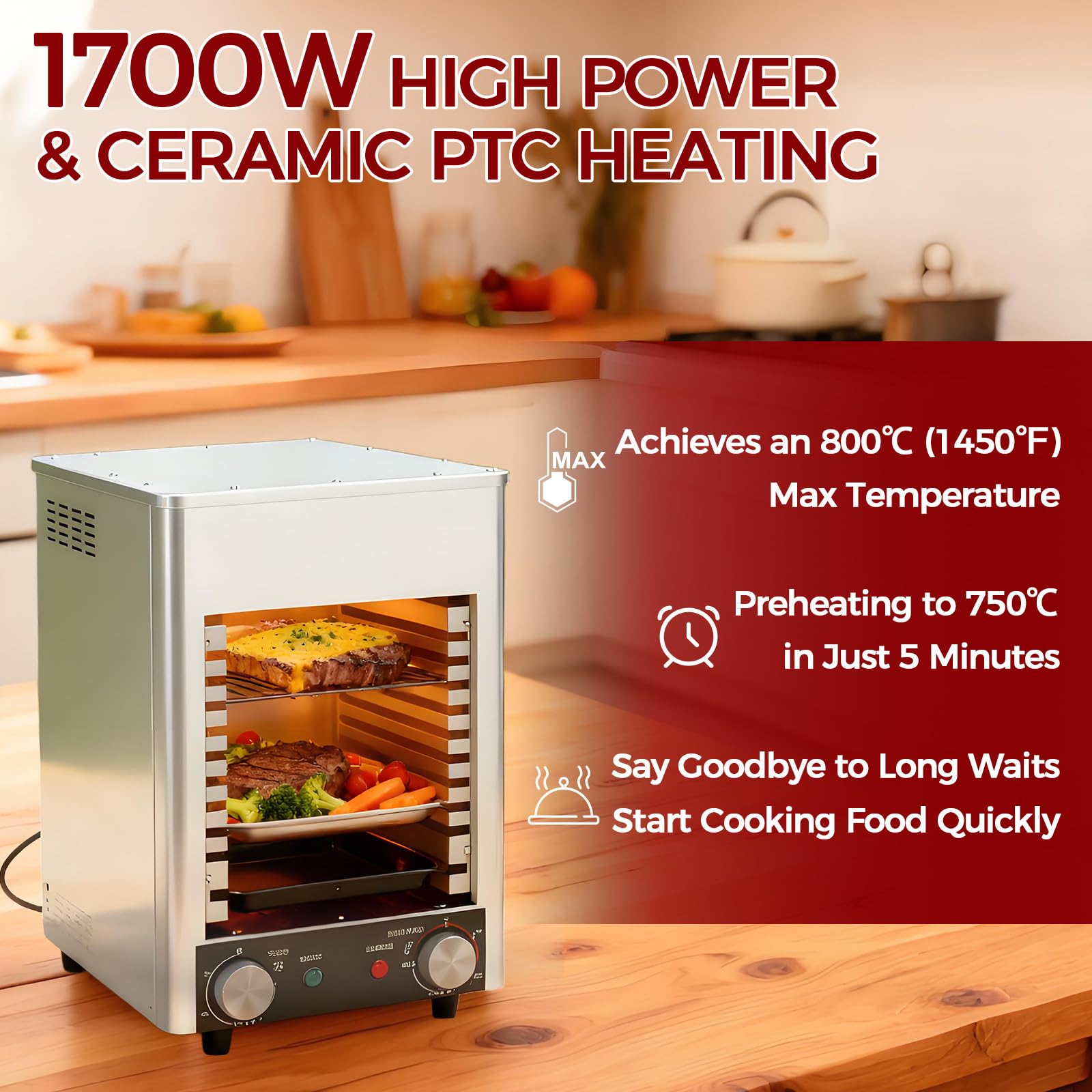 Griglia elettrica Professionale da Interno da 1700 W per bistecche, ampiamente utilizzata nei ristoranti per pizze, Verdure e Ali di Pollo.