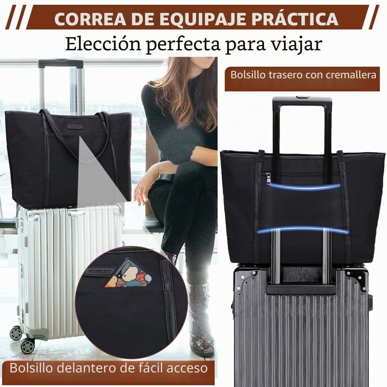 VX VONXURY Bolso Portátil Grande para Mujer 15.6 Pulgadas con Bolsa Pequeña - Bolso Tote Shopper para Trabajo, Universidad y Compras