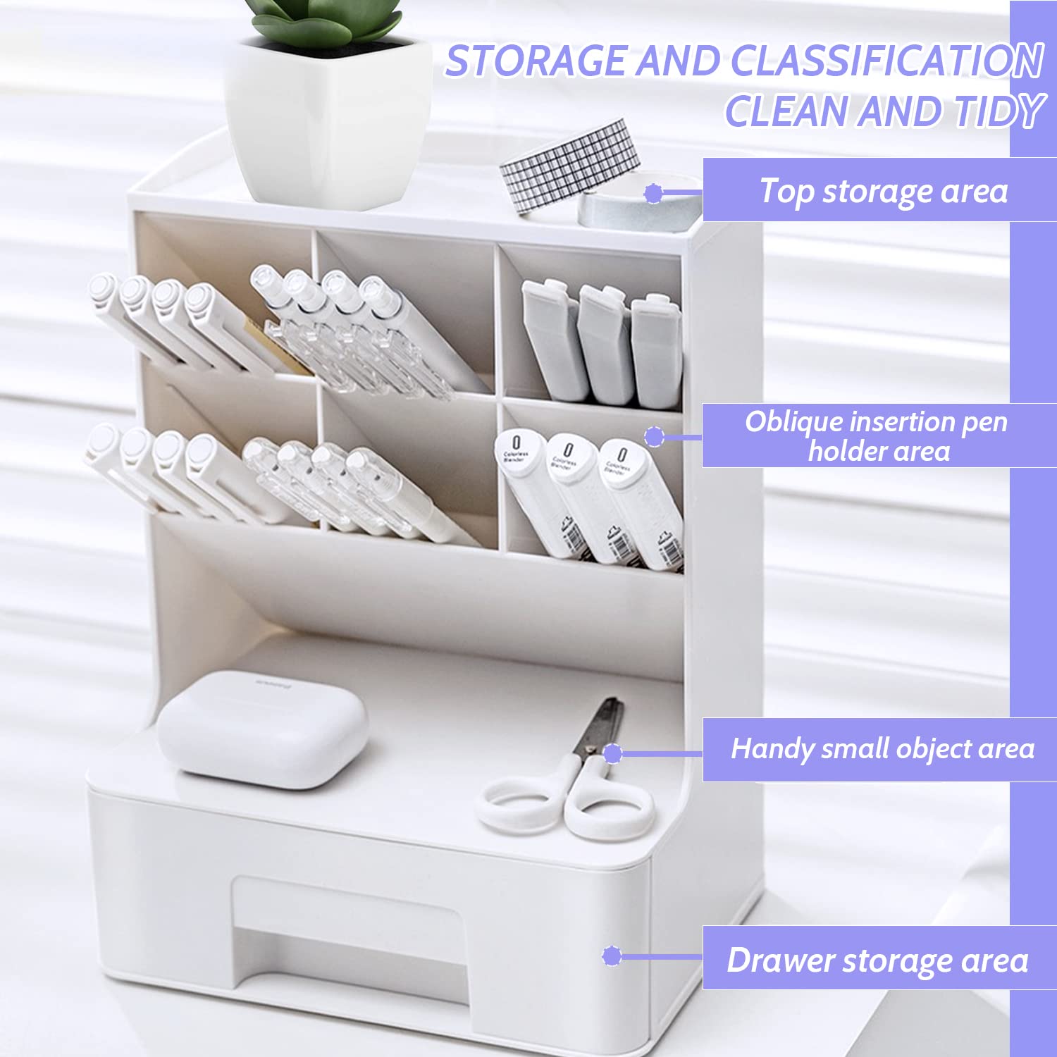 Organizer Da Scrivania Multifunzionale - Con 4 Scomparti E 3 Cassetti Trasparenti, Bianco - Foto 9