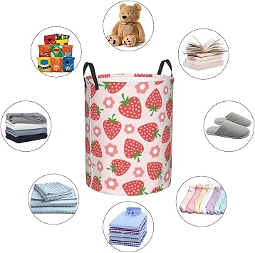 Strawberry with Flower Laundry Basket with Handle Waterproof Collapsible Cloth Hamper Round Storage Basket for Bathroom Bedroom College Dorm